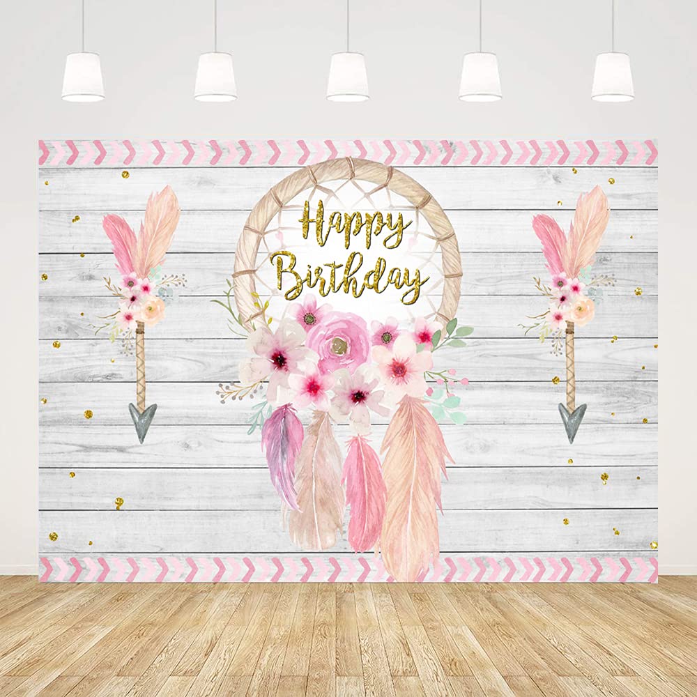 Ticuenicoa 5x3ft Dreamcatcher Backdrop for Birthday Party Rustic Wood Happy Birthday Photography Backdrops Pink Dream Catcher Photo Background for Gilrs 1st Birthday Baby Shower Cake Table Decor