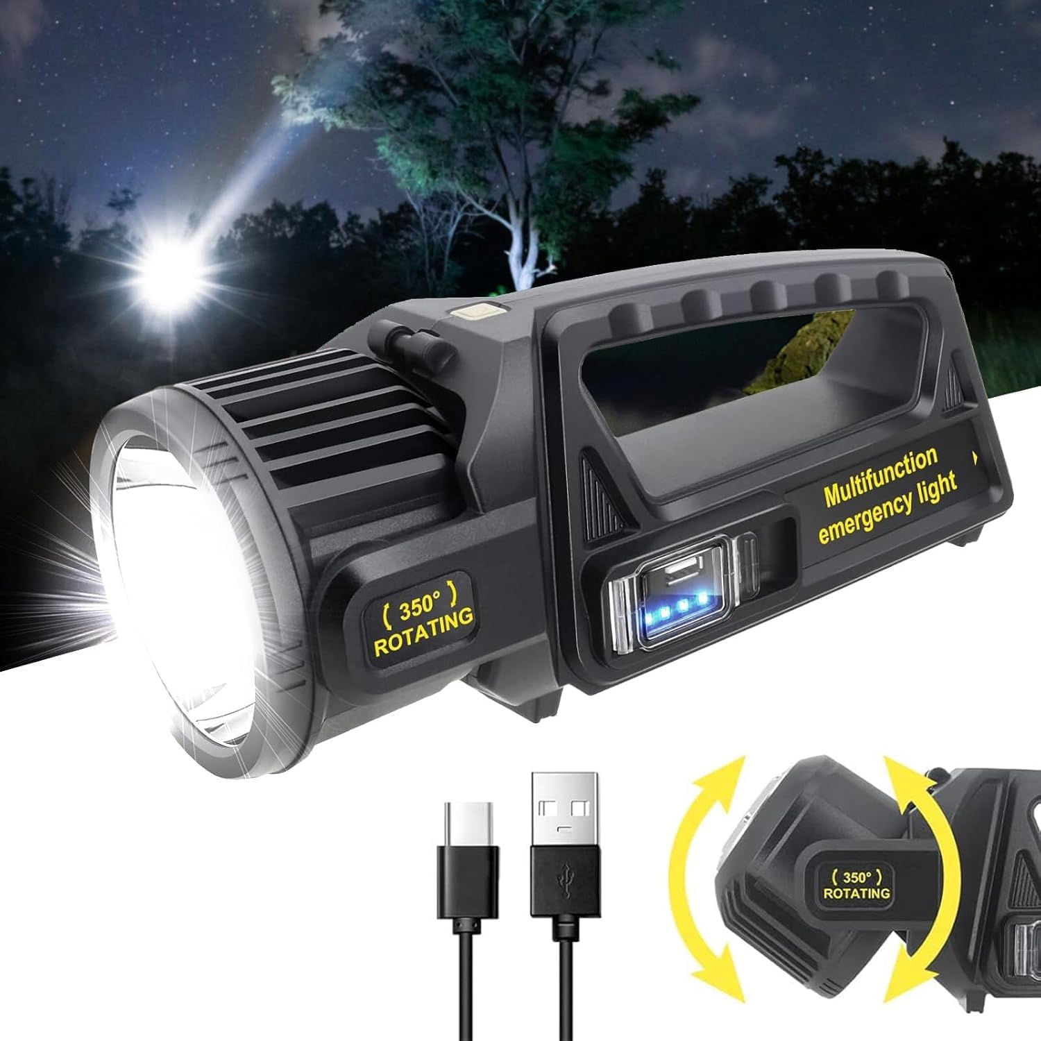 Glaceon 1000,000 Lumens Rechargeable Spotlight Flashlight with 9 Modes, 350° Rotate Head, IPX6 Waterproof - Outdoor Handheld Solar Flashlight for Emergencies & Power Bank (GC-05)