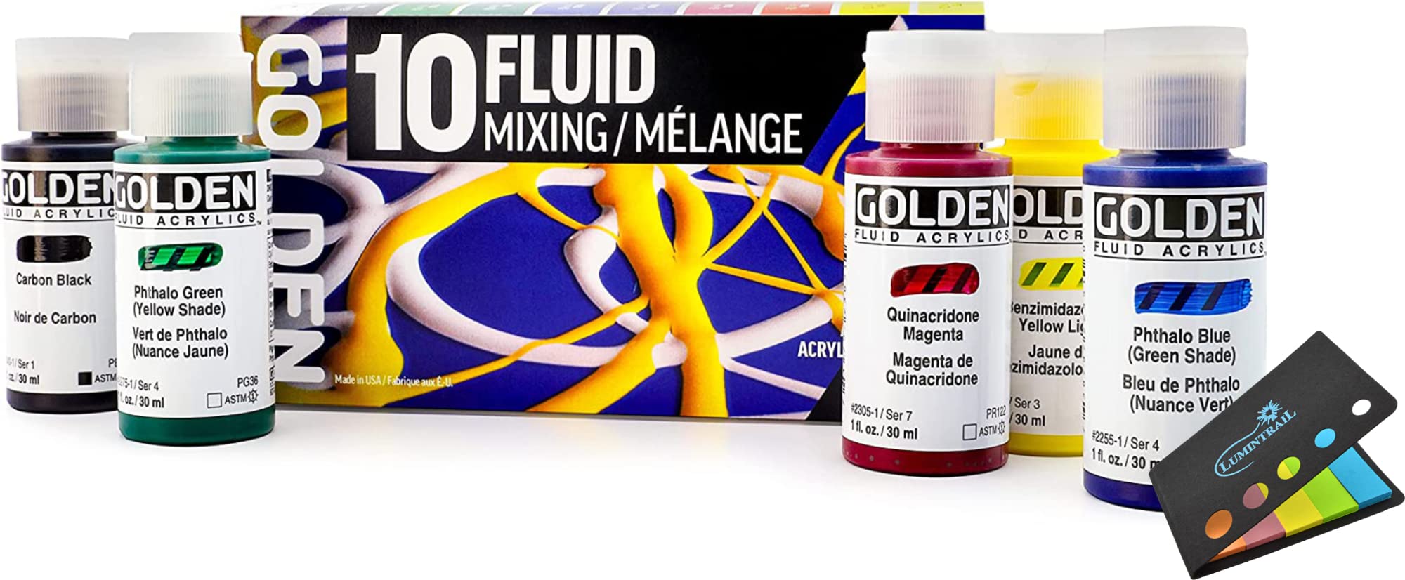 Golden Fluid Acrylic Paint, Fluid Mixing Set, 1 Fl. Oz. Bottles, 10 Piece Set of Acrylic Paints Sticky Notes