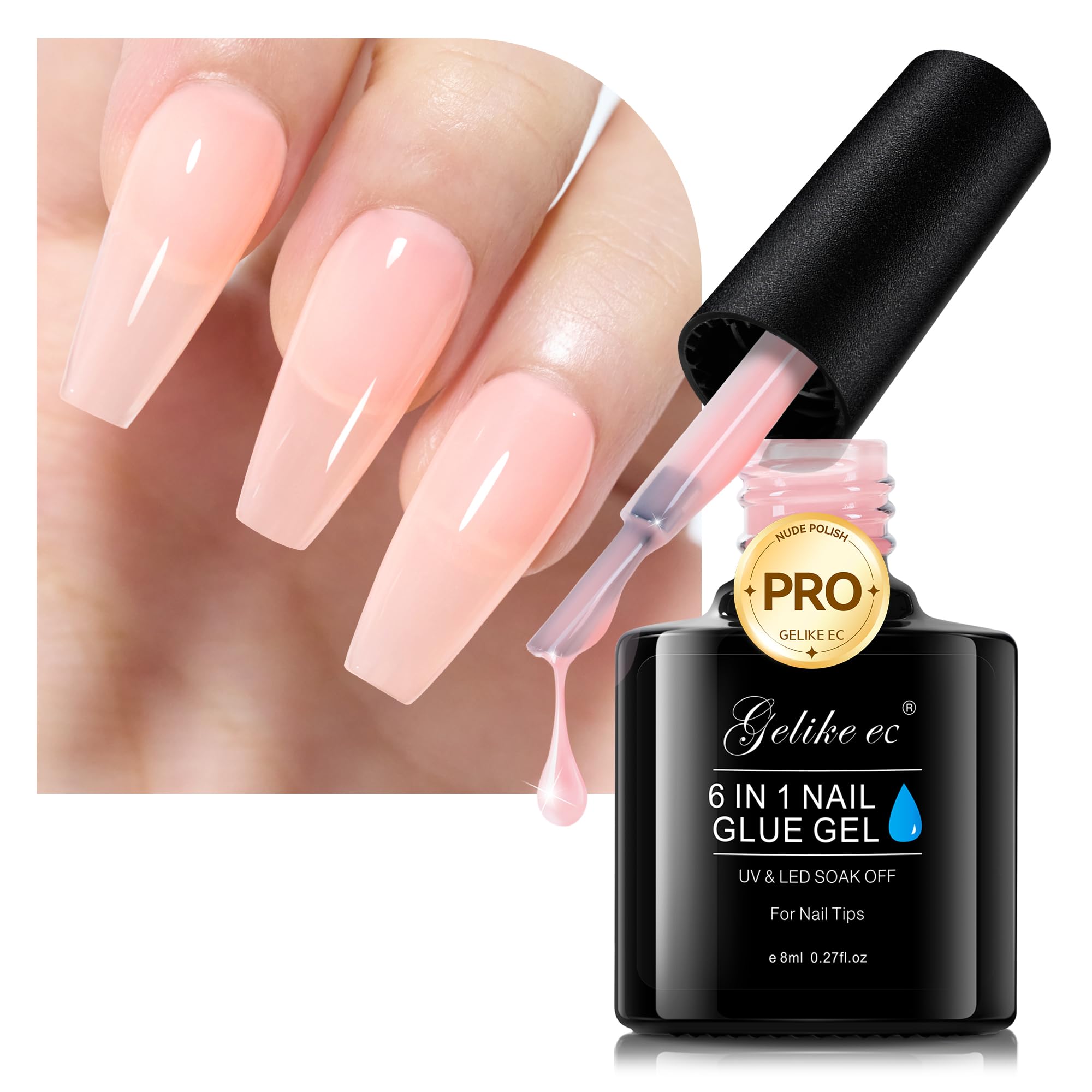 Gelike ec 6 in 1 Gel Nail Glue - Base Coat for Nail Polish Building Extension - Strong Adhesive for False Nails, Acrylic Nail Tips, Press on Nails -Peachy Jelly