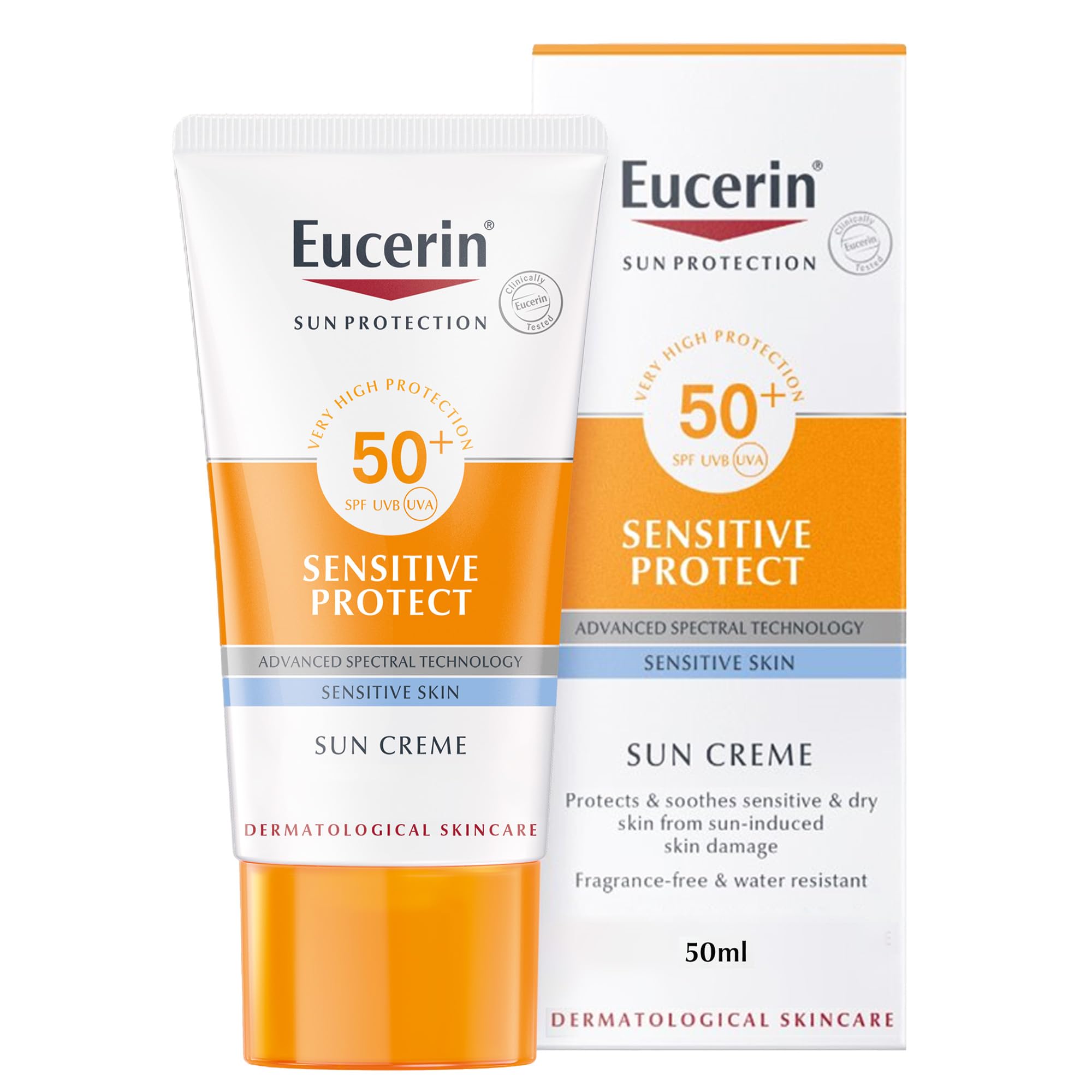 Eucerin Sun Sensitive Protect Facial Sunscreen, High UVA/UVB Protection, SPF 50+, Water-Resistant, Fragrance-Free, Sun Protection For Sensitive and Dry Skin, Suitable for Atopic Skin, 50ml