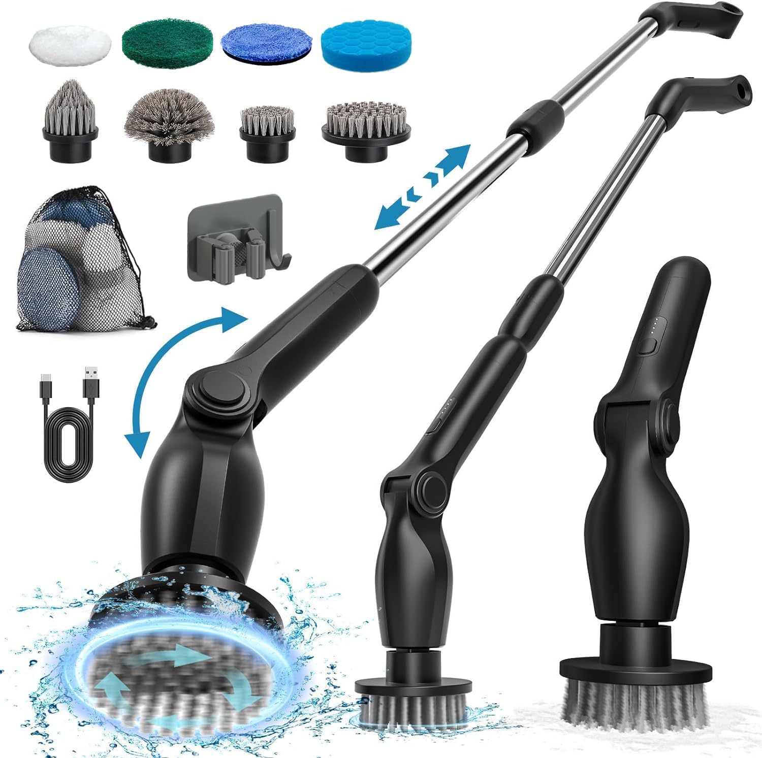 HOOFUN Electric Spin Scrubber, 2024 Upgraded Cordless Electric Cleaning Brush, Spin Scrubber with Adjustable Length & Angle Arm, 8 Cleaning Brush Heads, Power Scrubber for Bathroom Tile Floors