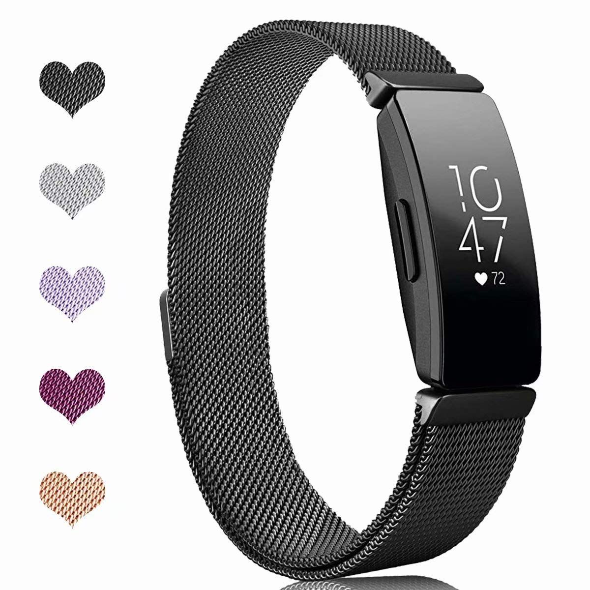 Sport Watch Wristband for Fitbit Inspire Bands and Fitbit Inspire HR Band Stainless Steel Metal Strap Bracelet Loop Replacement for Women Men, Black(5.1" - 8.5")