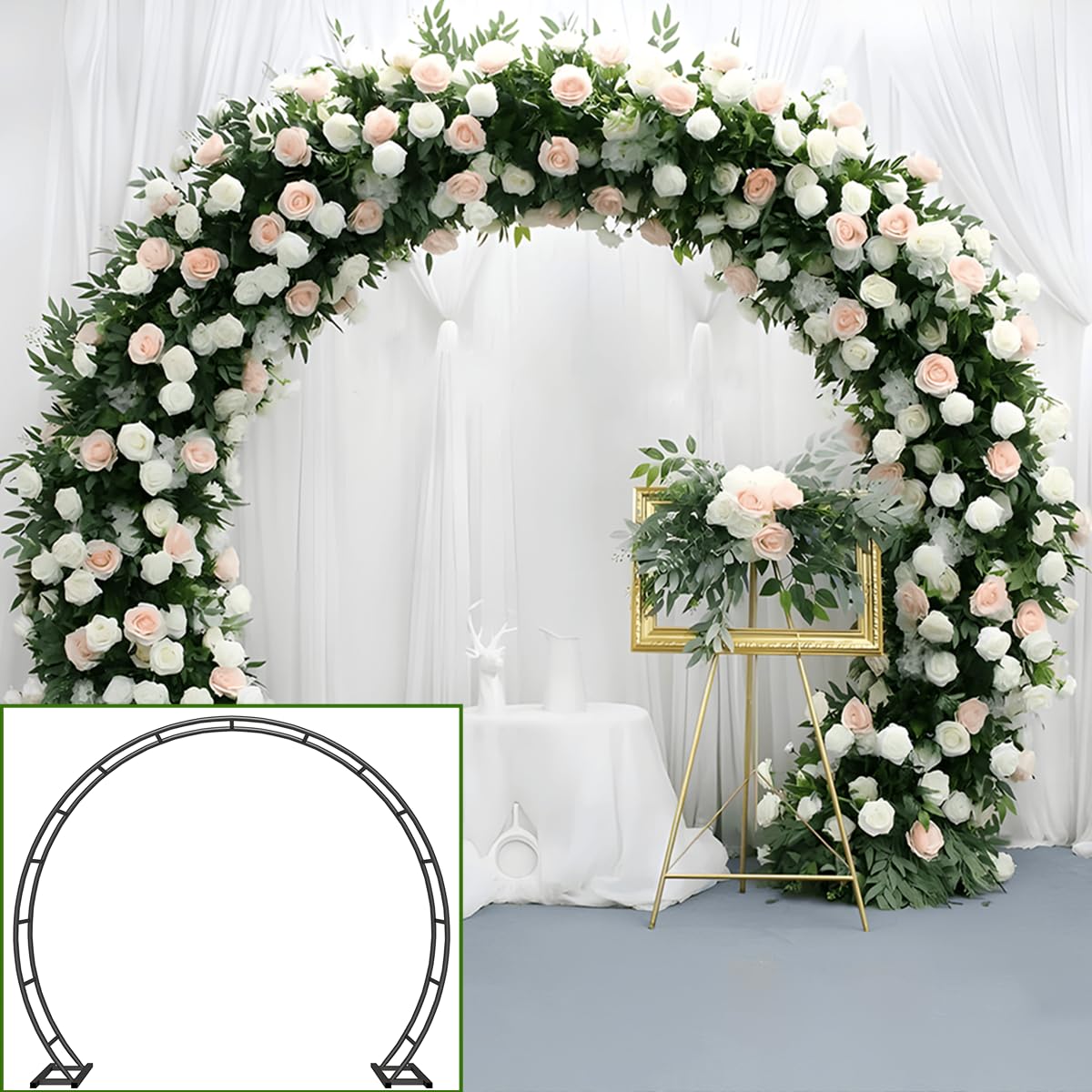 Queension Metal Wedding Arch for Ceremony Party Decoration 8Ft Wide 7Ft High,Garden Arch Trellis with Ground Bases for Climbing Plants,Outdoor Garden Arbor for Roses Vines, Round Frame, Black