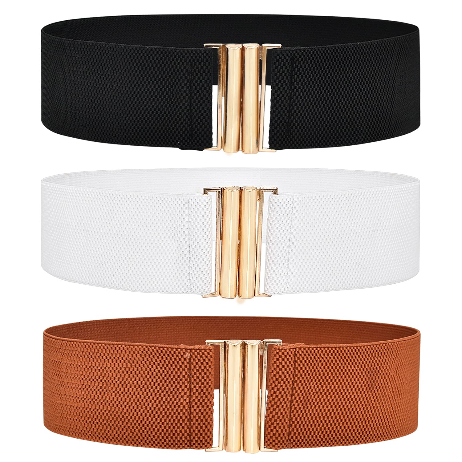 DUOXIN 3 Pieces Wide Stretchy Belts for Women, Vintage Elastic Waist Belts Cinch Waistband Belts Dress Belt Corset Belt with Interlock Buckle (Black/Brown/White)