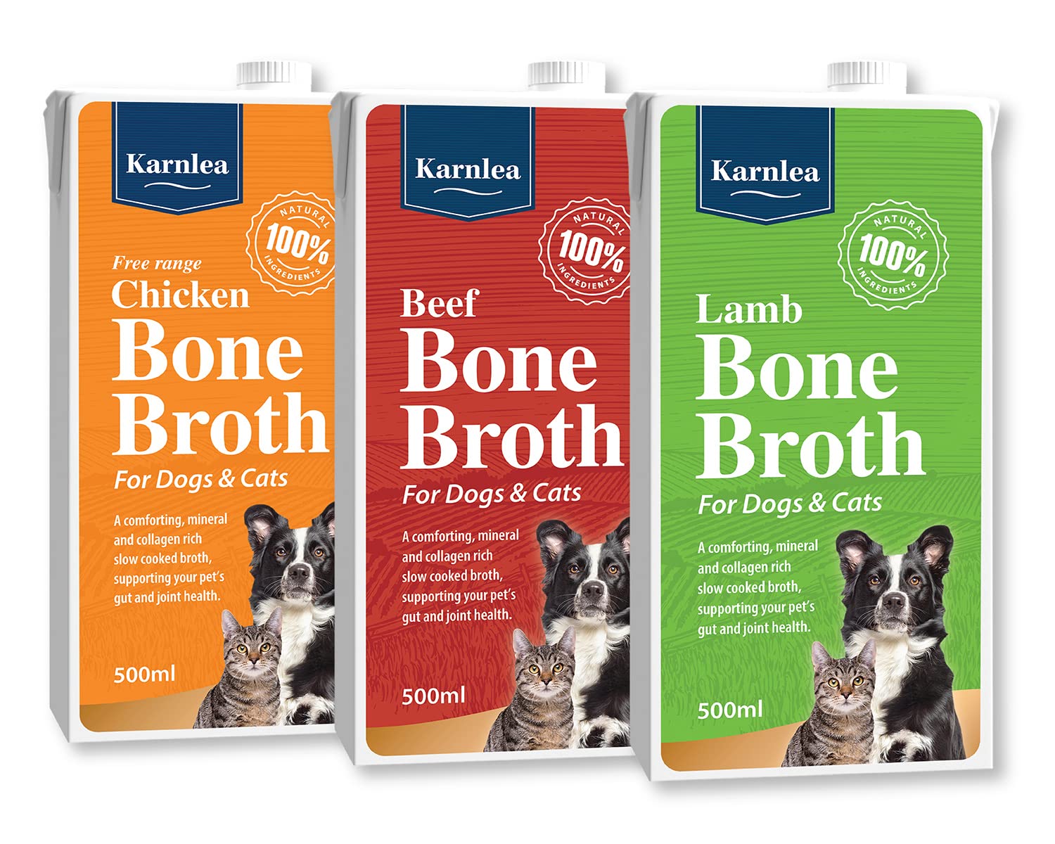 Karnlea Pets Bone Broth Variety Pack - 3x 500ml | 100% Real Chicken, Beef & Lamb Liquid Bone Broth for Cats & Dogs | High in Collagen & Protein for Healthy Joints, Gut, Digestion, Skin & Sickness