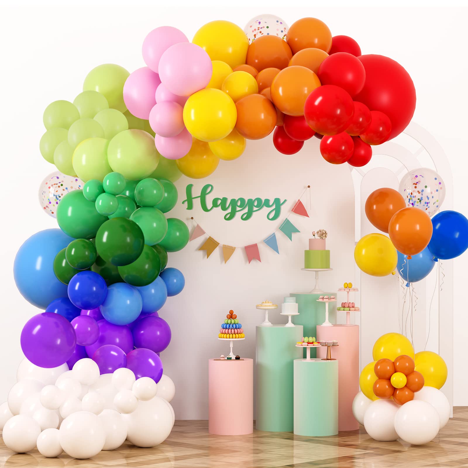 RUBFAC Rainbow Balloons Garland Arch Kit, 129pcs 12 Assorted Color Balloons Colorful Party Balloons for Birthday Party Baby Shower Decoration