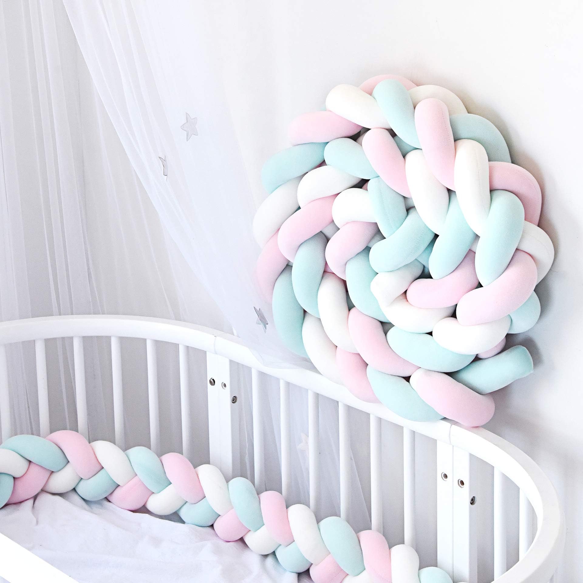 3M Baby Crib Bumper Hand Woven Soft Pillow Baby Bedding,Baby Crib Bumper Knotted Braided Plush Pillow Nursery Cradle Decor,Baby Crib Bumper Pads Newborn Gift (3M, D)