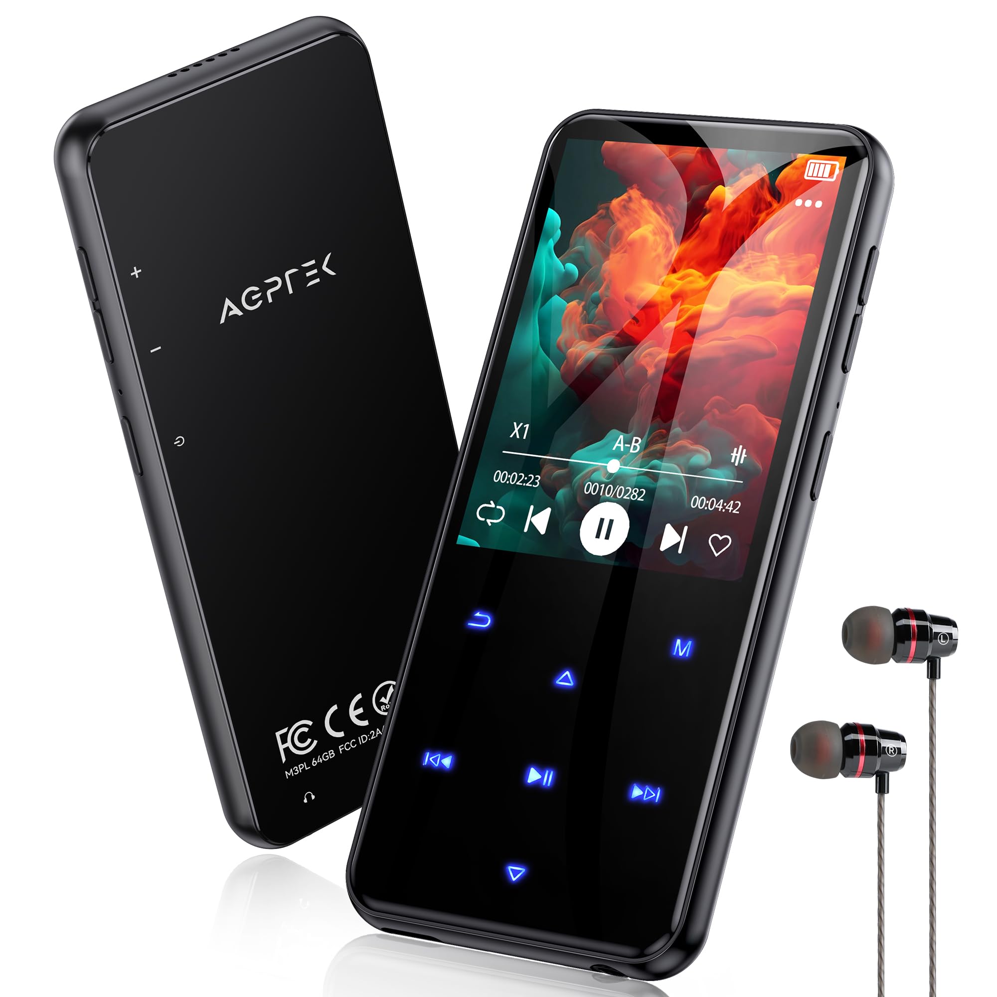 AGPTEK MP3 Player with Bluetooth 5.3, 64GB Internal Memory Expandable up to 128GB, 2.4 Inch Music Player with Speaker and FM Radio, Earphone Included