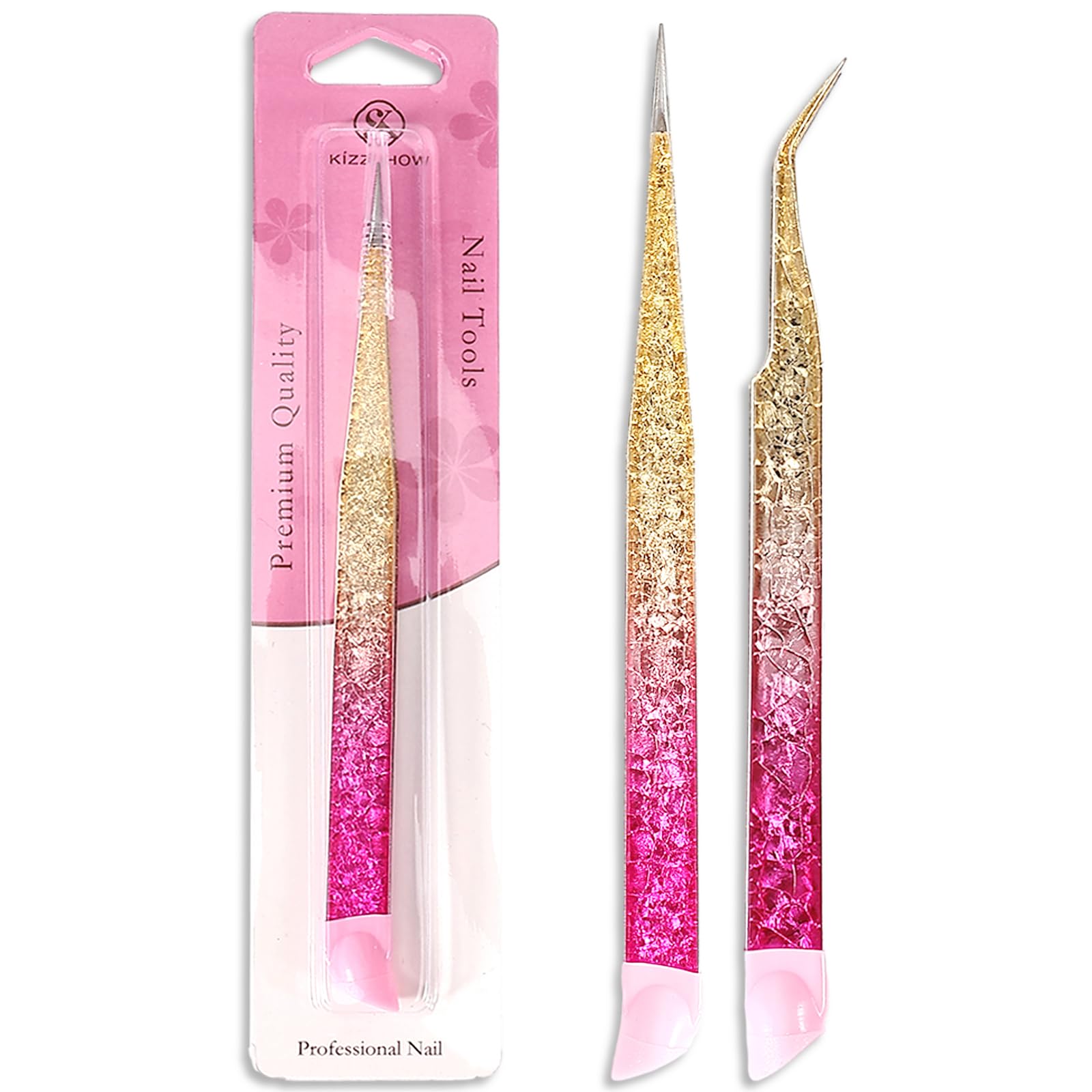 2Pcs Double Ended Nail Art Tweezers Stainless Steel Tweezer Straight Curved Tip Tweezers with Silicone Pressing Head for Nail Crafts Rhinestone Stickers Jewel Gem Picker Tool