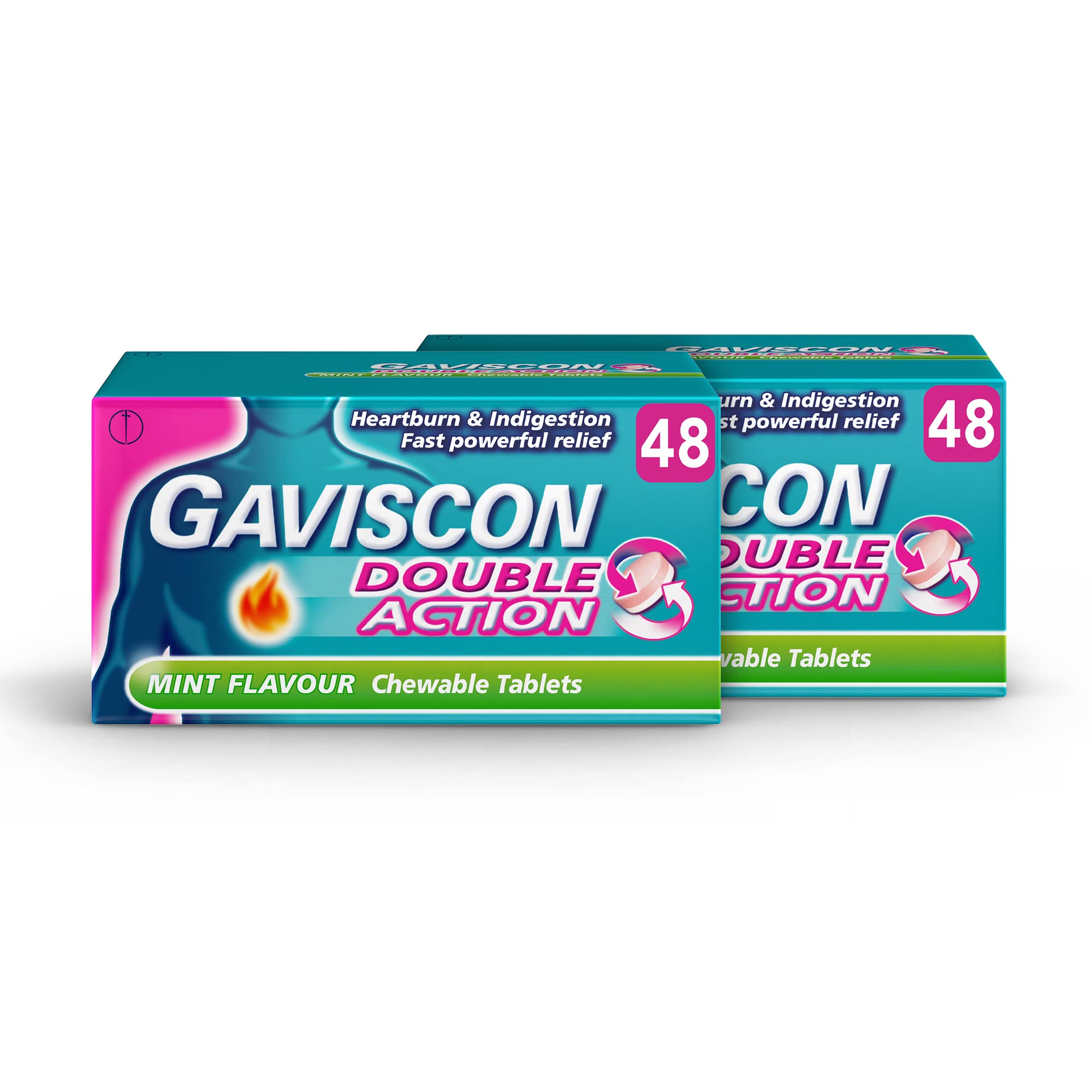 Gaviscon Double Action Heartburn & Indigestion Tablets, Mint Flavour, 48 count, Pack of 2