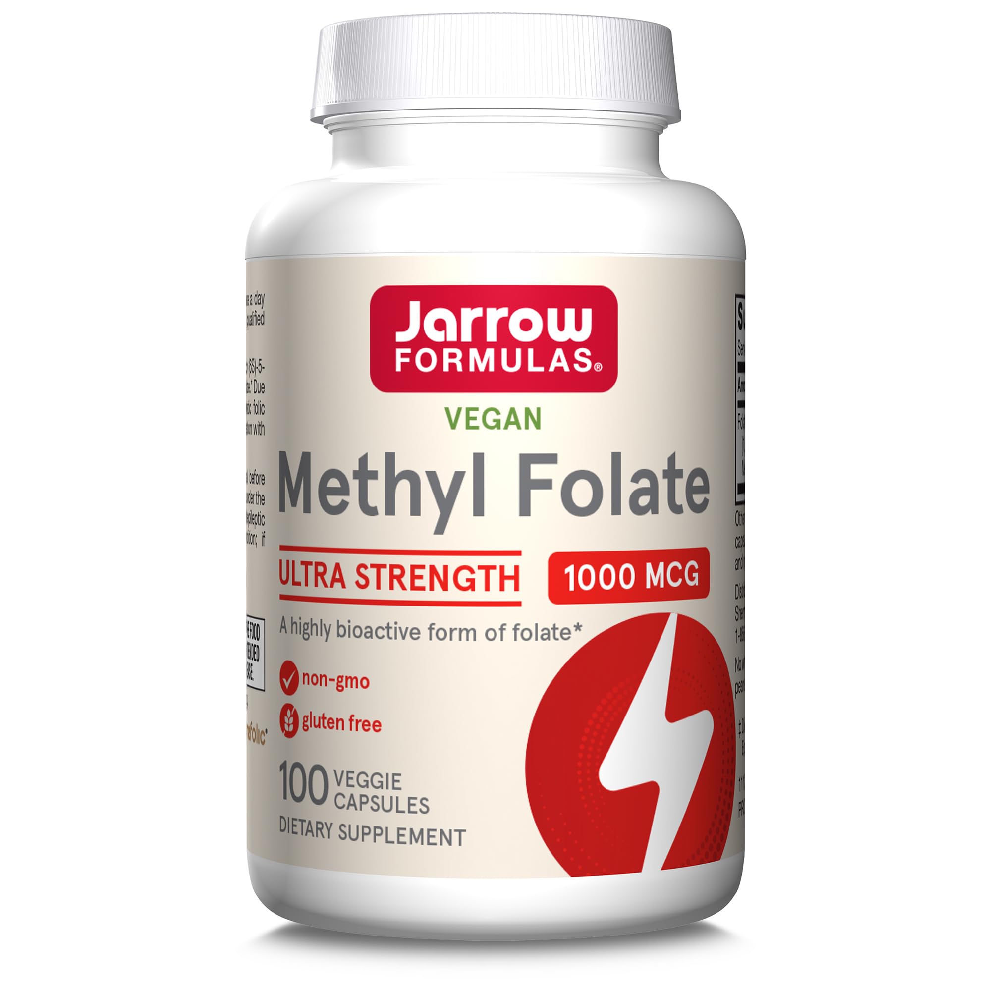 Jarrow Formulas Methyl Folate (5-MTHF), 1000mcg, Folic Acid, 100 Vegan Capsules, Lab Tested, Gluten Free, Vegetarian, Soy Free, Non-GMO