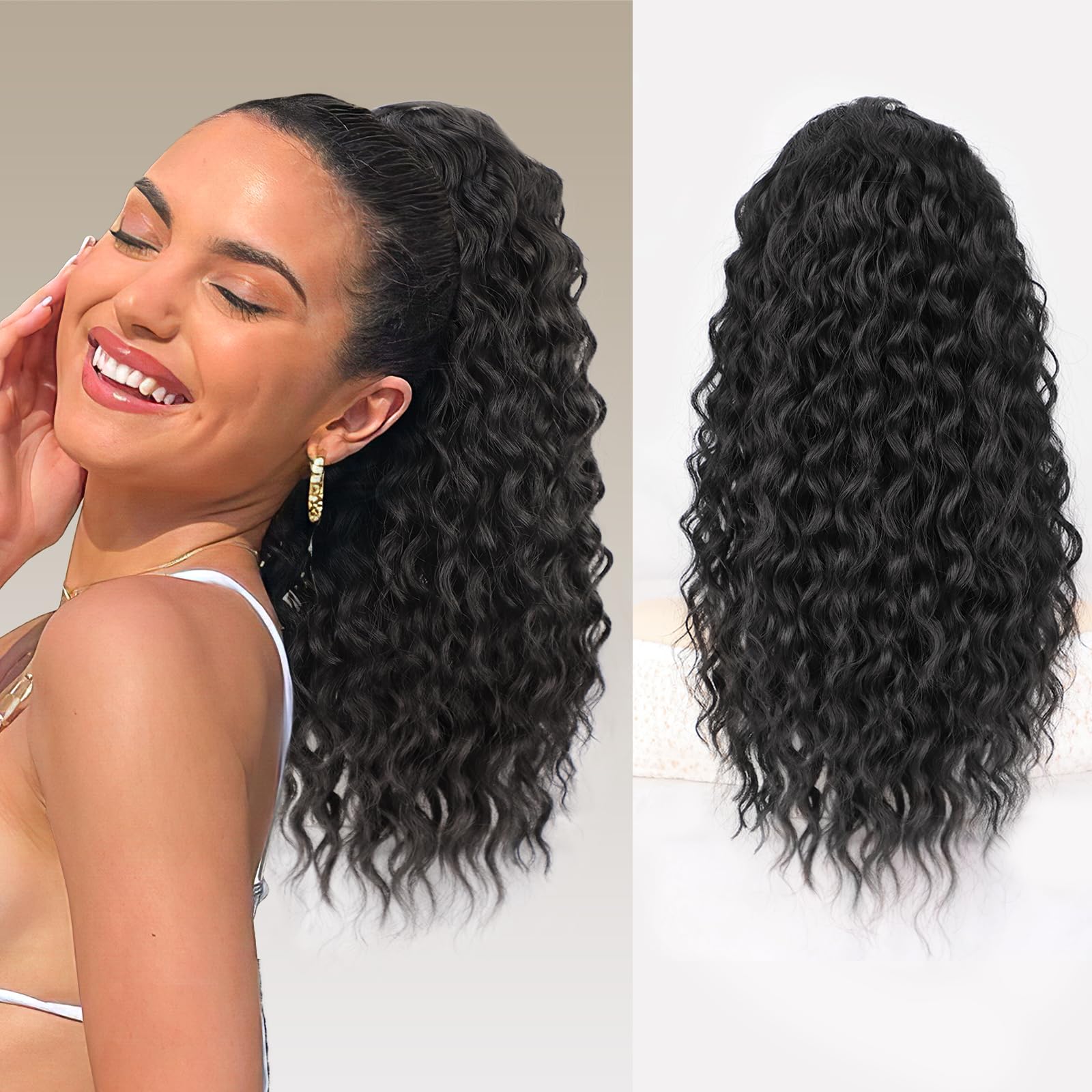 QGZ Ponytail Extension Drawstring Ponytail for Black Women 18 Inch Synthetic Long Afro Curly Fluffy Ponytail for Daily Use(Black)