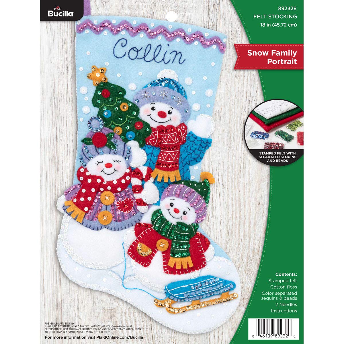 BucillaFelt Applique Christmas Stocking Kit, 18", Snow Family Portrait