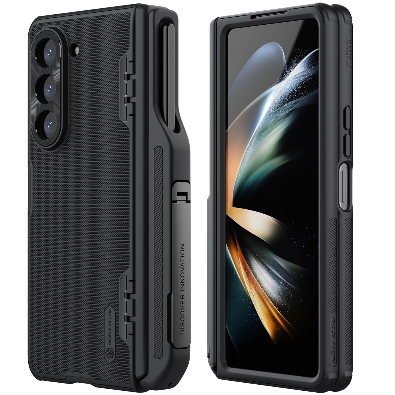 Samsung Galaxy Z Fold 5 Case with S Pen Holder & Bump Texture Design [Creative Hinge Protection][Hidden Kickstand] Protective Phone Case for Galaxy Z Fold 5 Case Black