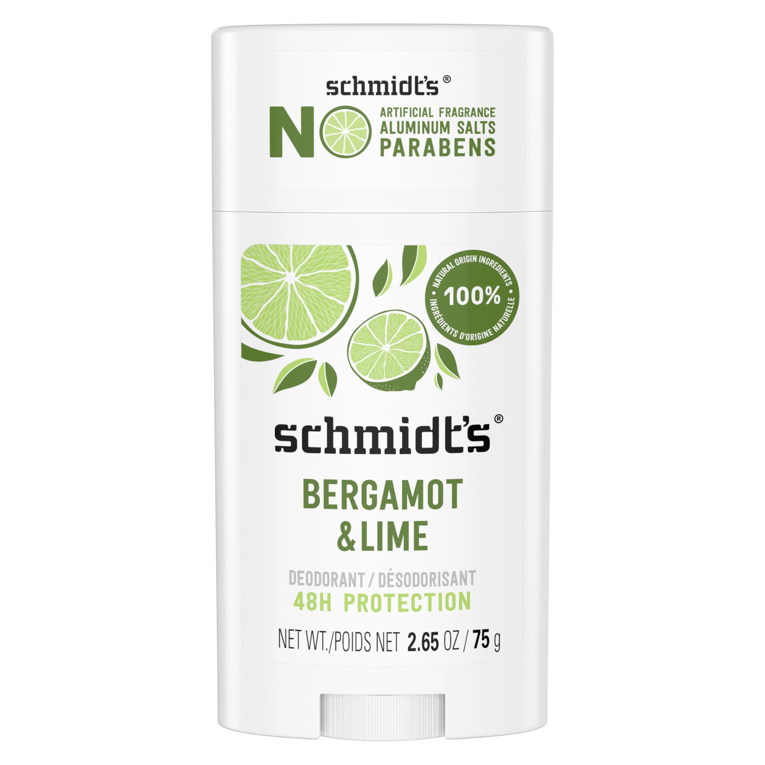 Schmidt'sAluminum Free Natural Deodorant for Women and Men, Bergamot and Lime with 24 Hour Odor Protection, Certified Natural, Vegan, Cruelty Free, 2.65 oz