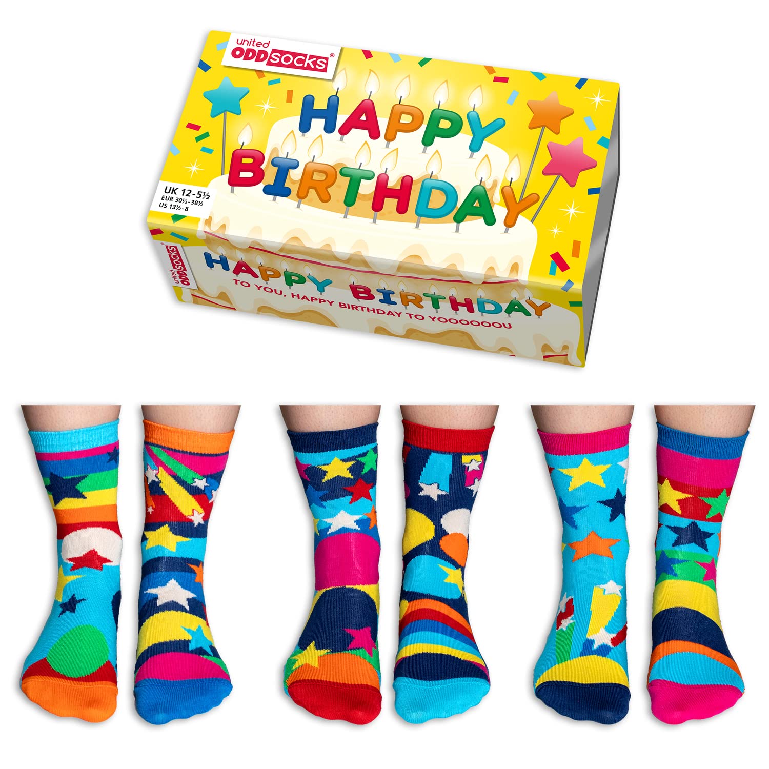 United OddsocksHappy Birthday 6 Oddly Coordinated Novelty Kids Socks US 13.5-8