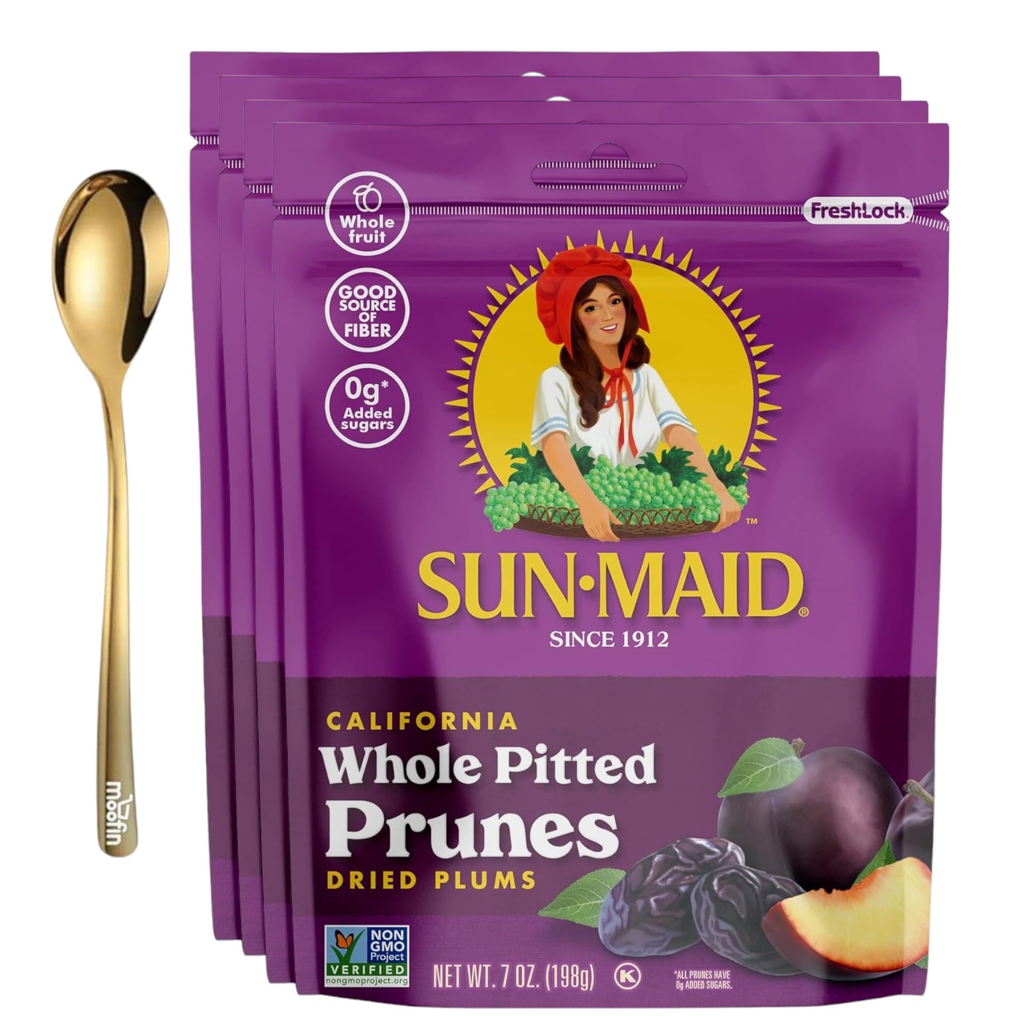 Prunes Pitted Unsweetened, 7 Oz, Nutritious Dried Prunes with Moofin Golden SS Spoon, California Plums, High in Fiber Antioxidants, No Artificial Flavors and Colors, Non-GMO, [Pack of 4]