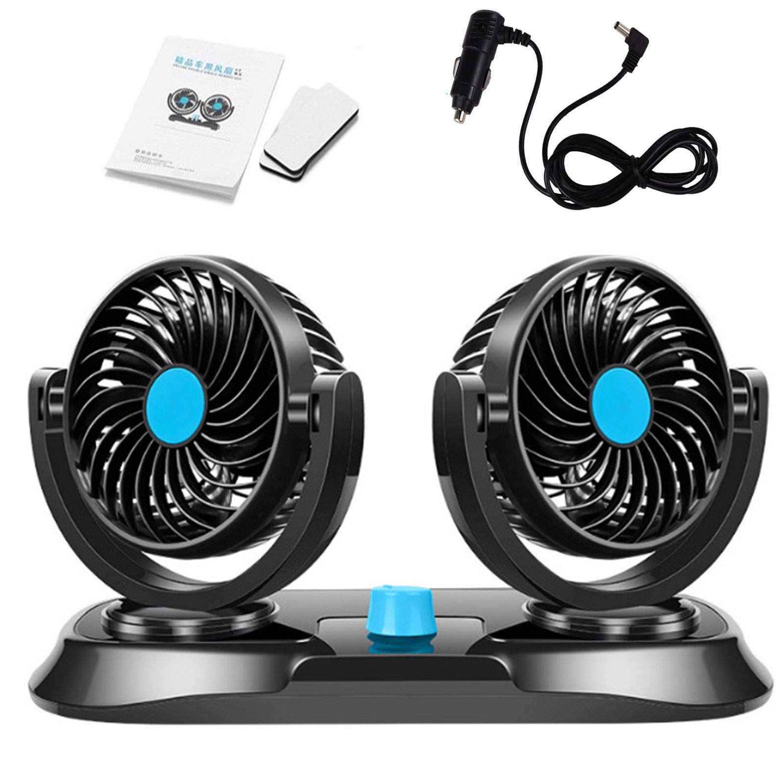 12V Car Dual Head Car Air Fan 360° Rotating Adjustable Dual Head Car Auto Cooling Air Fan- Powerful Quiet 2 Speed Rotatable Dashboard Auto Electric Car Fans Summer Cooling Air Circulator Low Noise