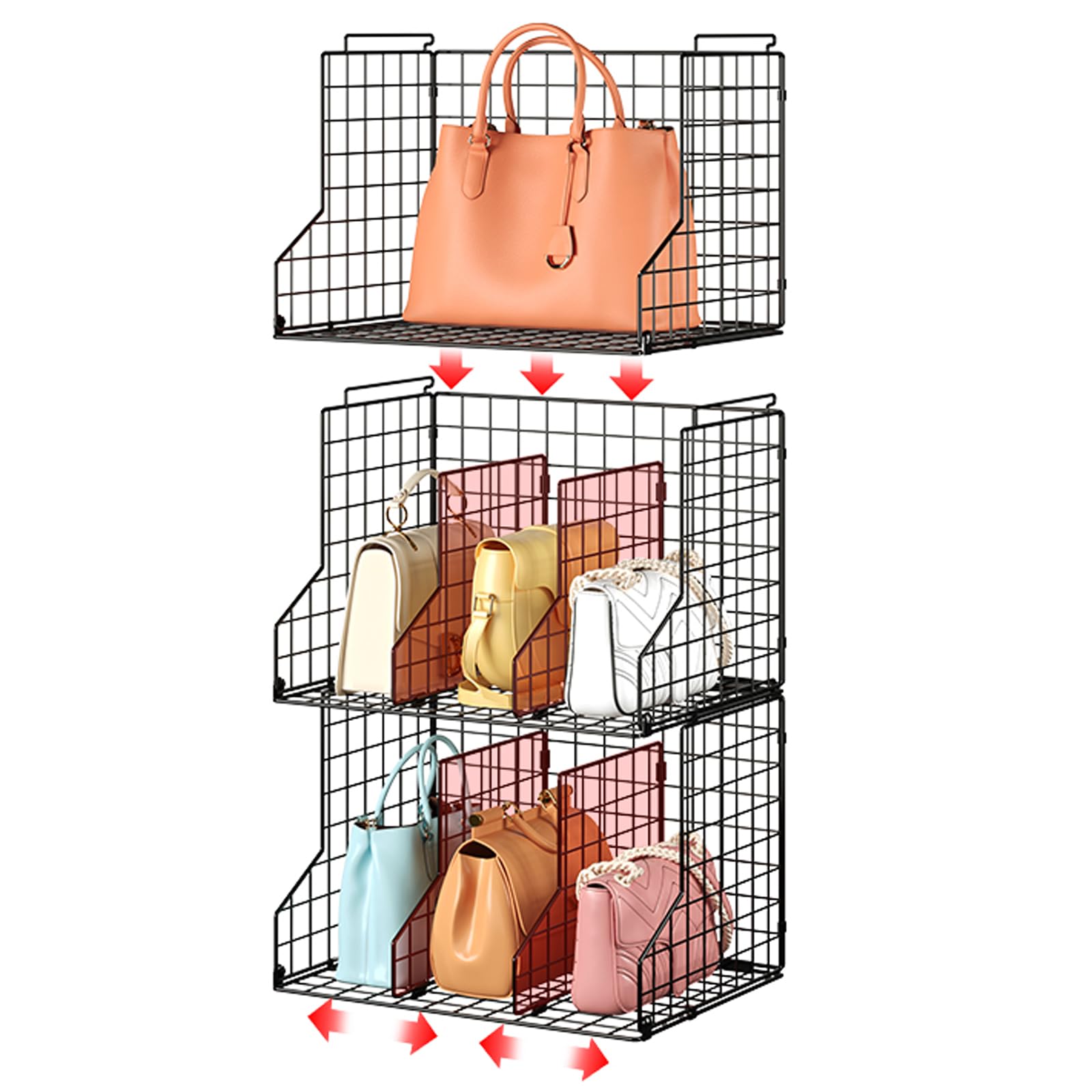 SonyabeccaPurse Storage Organizer for Closet: 3Adjustable Divider Handbag Organizer, Stackable Wire Handbag Organizer Baskets, Wallets Tote Chain Bags Clutches