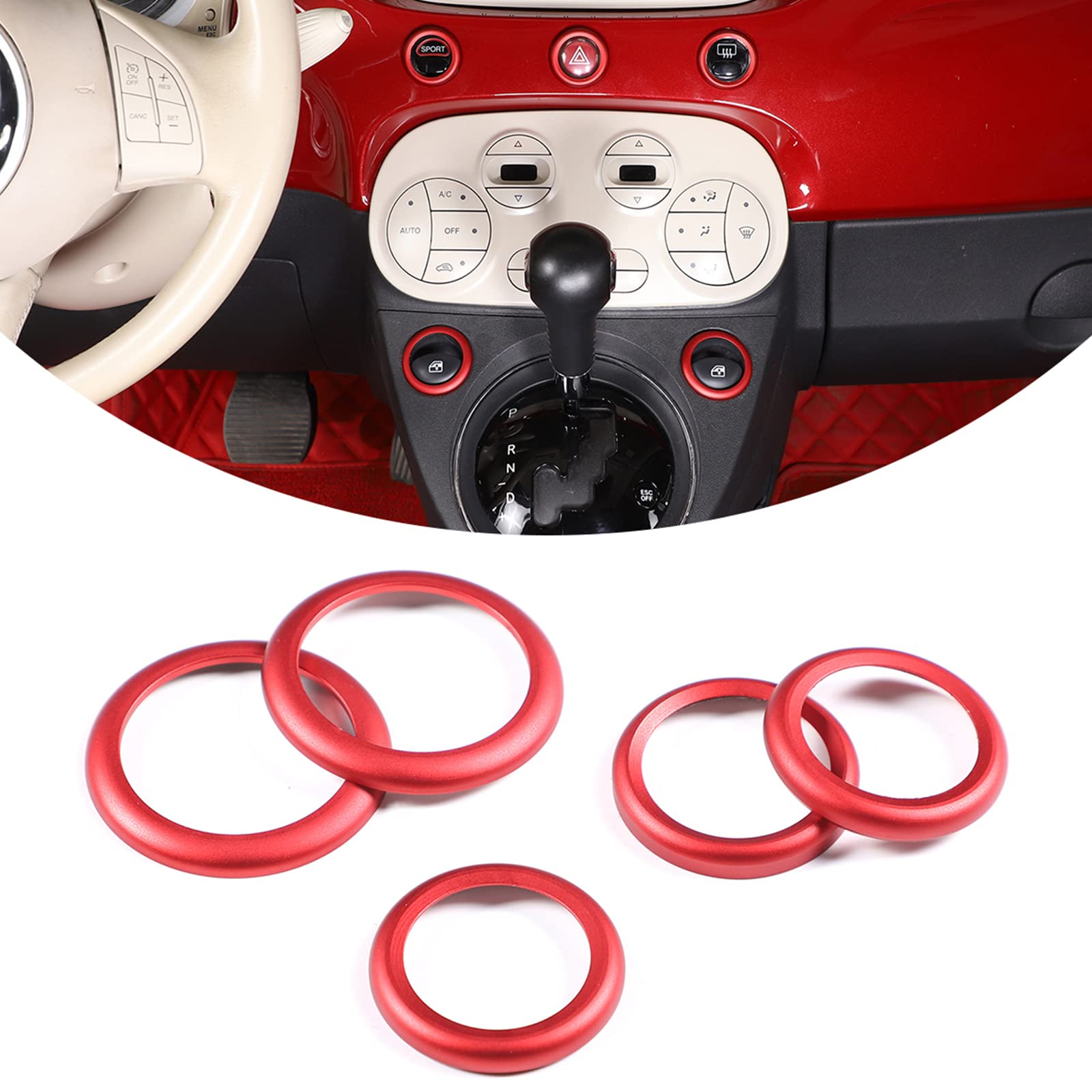 TongSheng Car Aluminum Alloy Central Control Double Flashing Window Switch Lift Decorative Circle Fit for Fiat 500 Abarth 595 695 2010-2022 (Red)