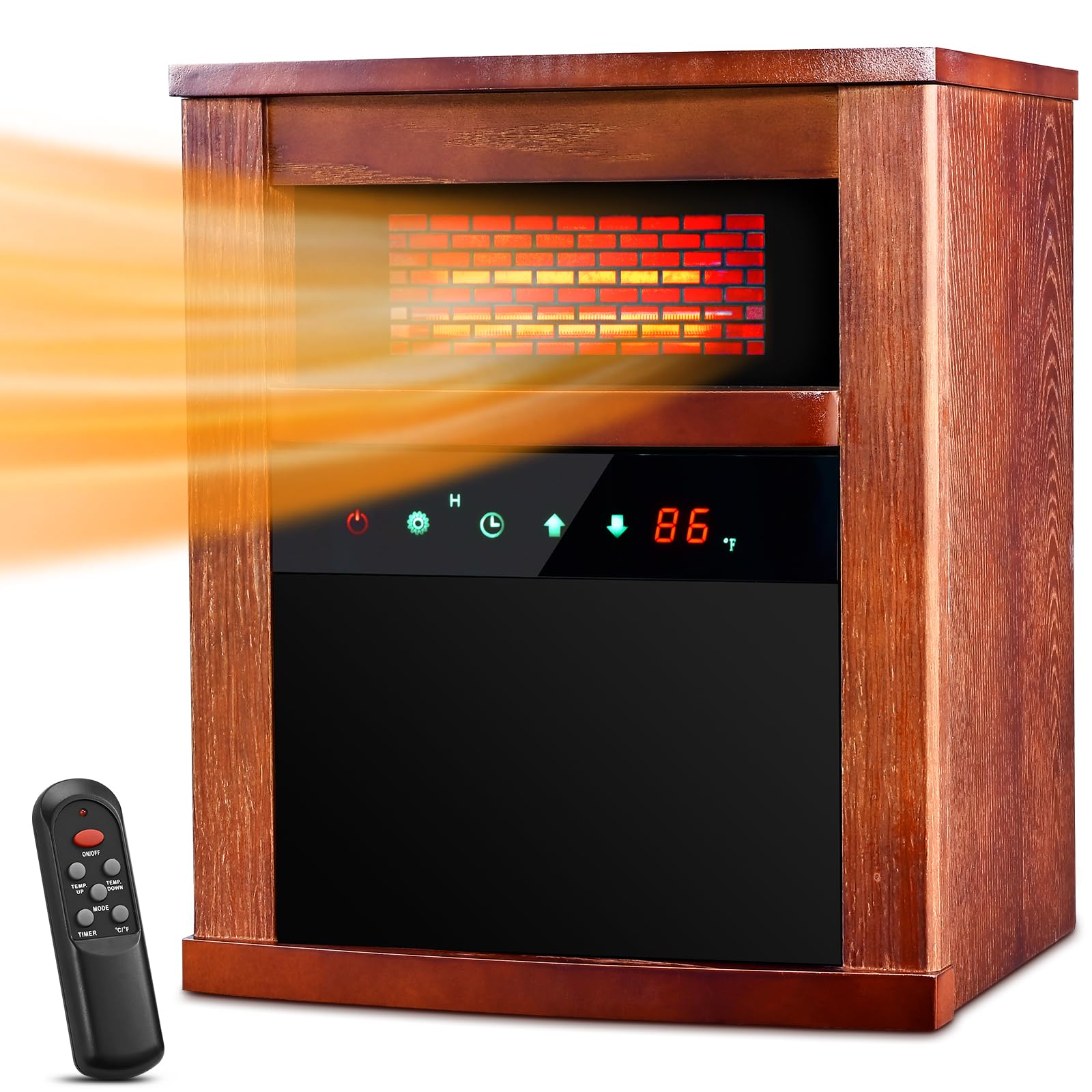 Air ChoiceElectric Space Heater, 1500W Infrared Heater w/ 3 Heating Mode, Thermostat, Remote Control & 12h Timer, Small Portable Room Heaters for Indoor Use, Bedroom, Office, Living Room, Dark Walnut