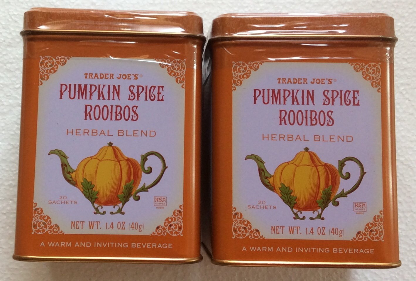 Trader Joe's Pumpkin Spice Rooibos Herbal Blend Beverage - 20 Sachets (Pack of 2 for a Total of 40 Sachets)