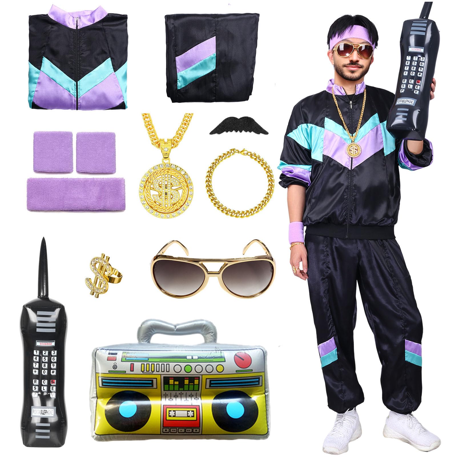 Amycute80s Tracksuit Outfit for Men Women, 90s Retro Hip Hop Costumes Windbreaker Kit Shell Suit Halloween Party Dress