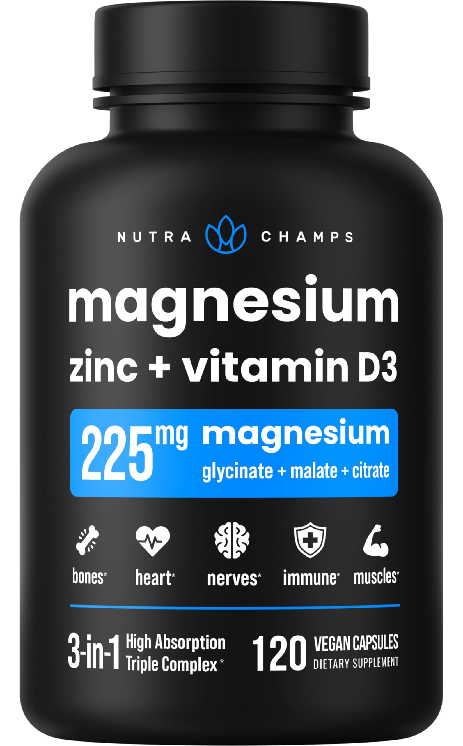 NutraChamps Magnesium Zinc & Vitamin D3 Supplement - Most Bioavailable Forms; Magnesium Glycinate, Malate, Citrate - Bone, Muscle & Heart Health, Immune Support - 120 Vegan Capsules