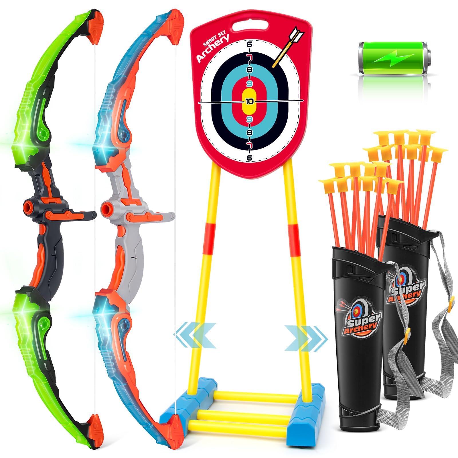 Bow and Arrow for Kids 6-8 8-12, Archery Toy Set for Kids 6+ with Standing Target - Rechargeable/2 Light Up Bows/20 Arrows, Toys for Kids 4-6 7 8 9 10-12 Boys Girls Birthday Gifts