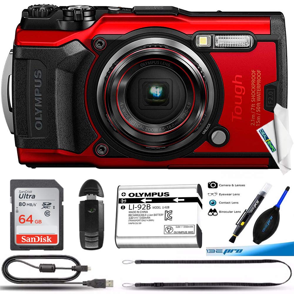 Olympus Tough TG-6 Waterproof Camera, Red -64GB Basic Bundle