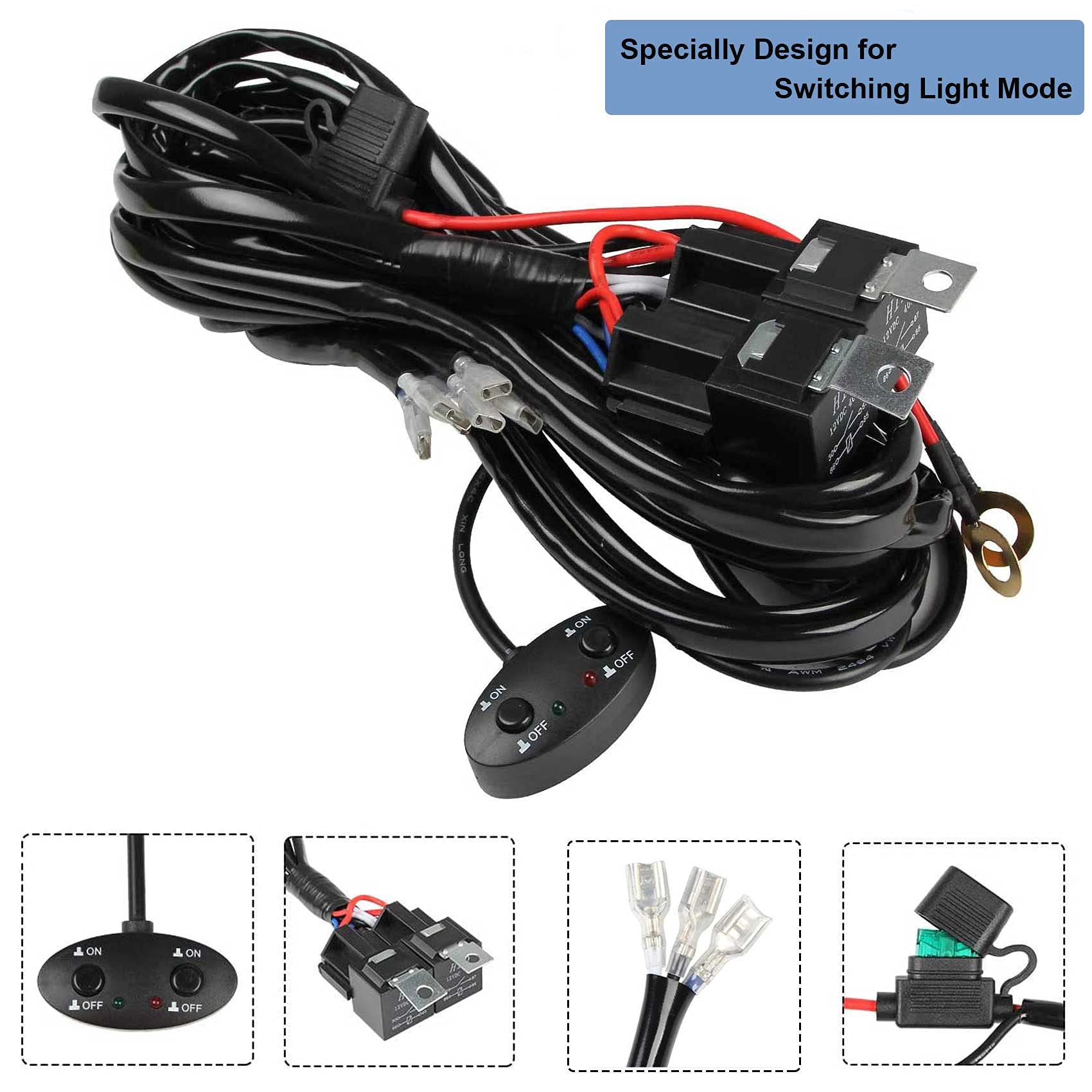 LED Light Bar Wiring Harness 14AWG, YUGUANG 3 Lead Universal Led Wiring Harness with 12V 40A Relay and Two Control Switches for Switching between Different Modes