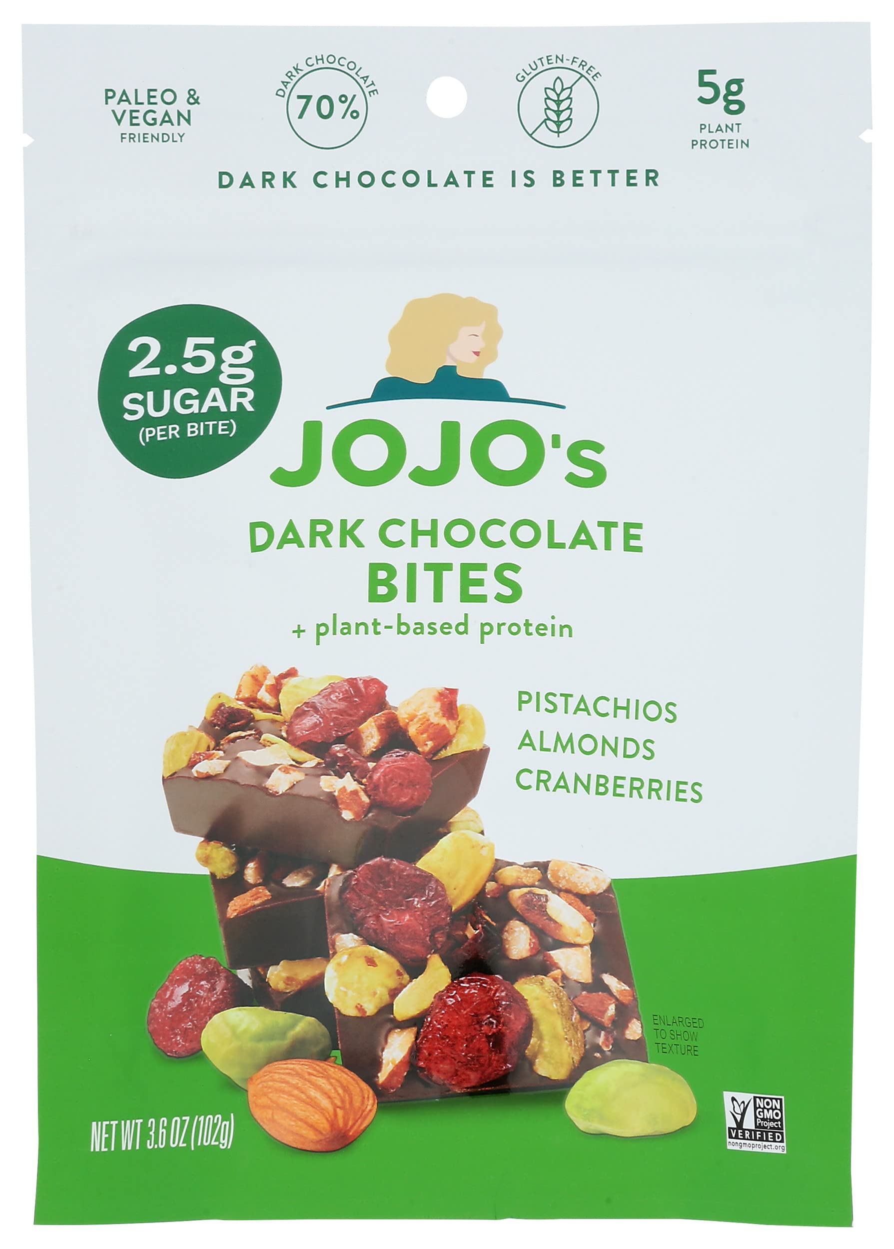 Jojos Chocolate70% Dark Chocolate Original Bites with Pistachios, Almonds and Cranberries, Keto friendly, Gluten Free, Soy Free (Pack of 6)