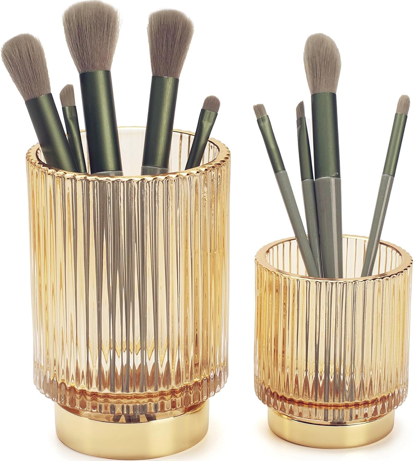 BTGGG Makeup Brush Holder 2 Pack Glass Cosmetic Makeup Brush Organiser for Vanity, Eyeliners, Eyebrow Pencil, Bathroom Toothbrush Holder, Office Storage Cup Desk Pen Holder, Amber (S+L)