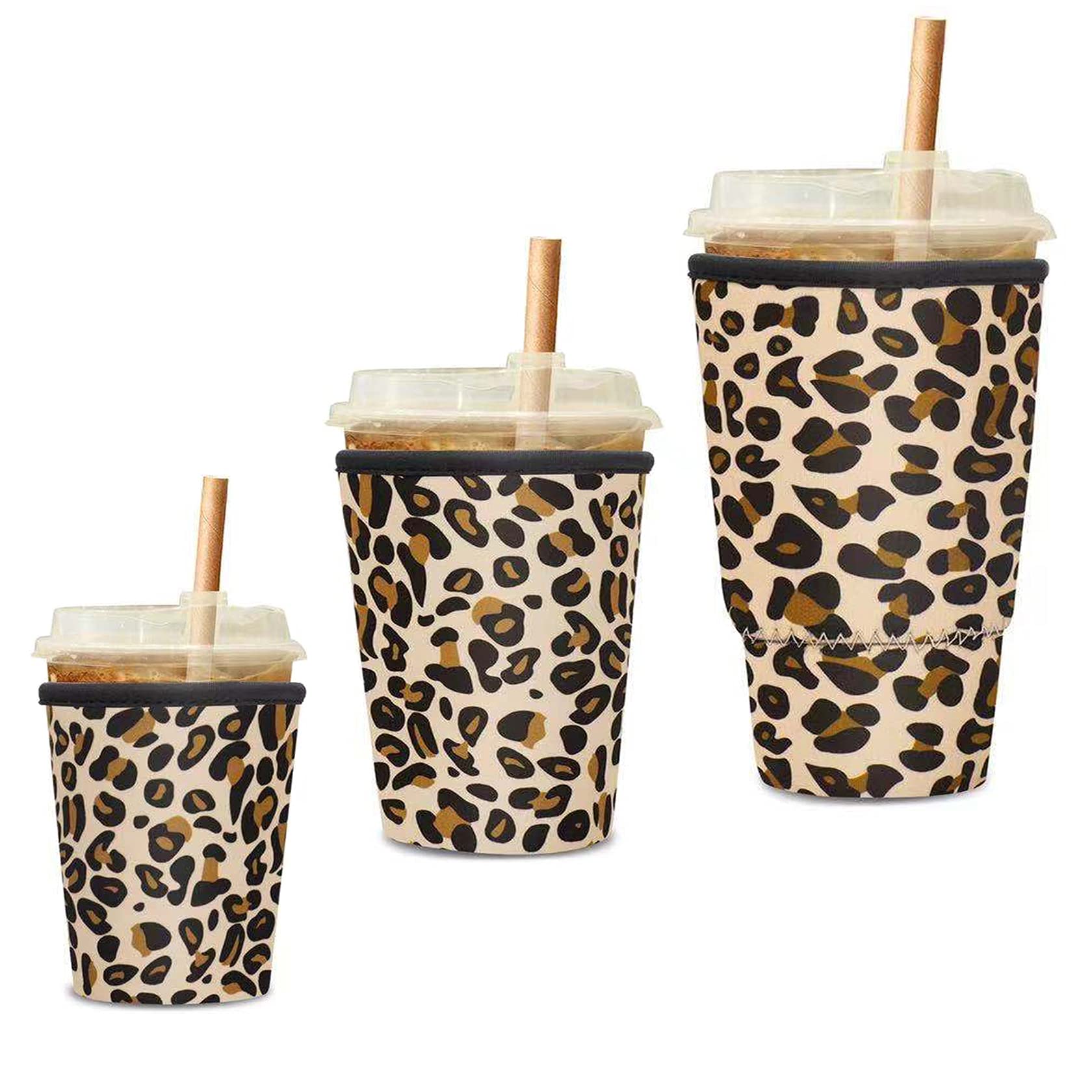 3 Pack Reusable Iced Coffee Sleeve Neoprene Insulator Sleeve for Iced Coffee Cups or Cold Beverages Cups (Leopard)