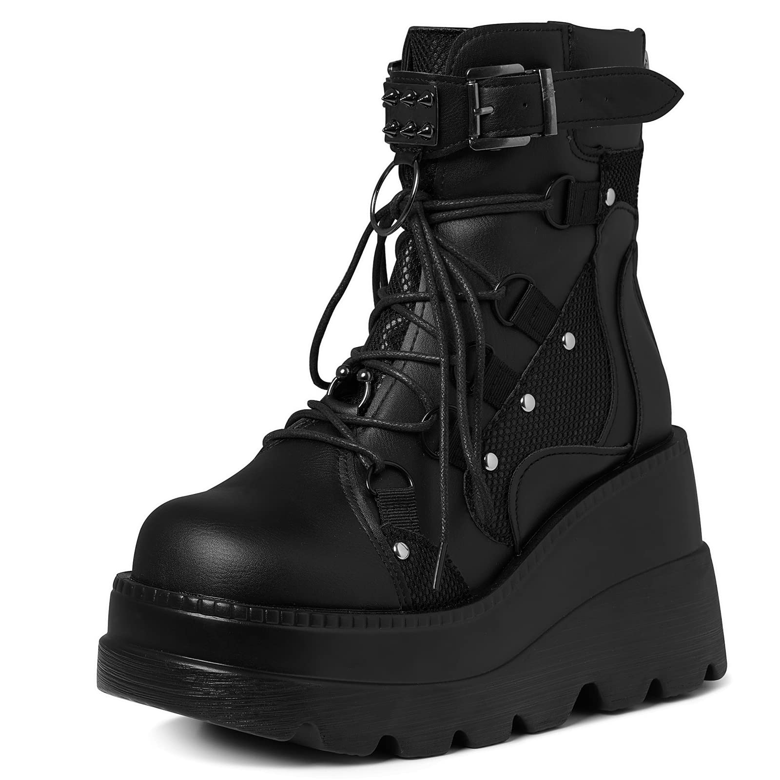 TscoyukiPlatform Ankle Boots for Women Chunky High Heel Booties Goth Round Toe Combat Boots Women Lace Up Motorcycle Wedges