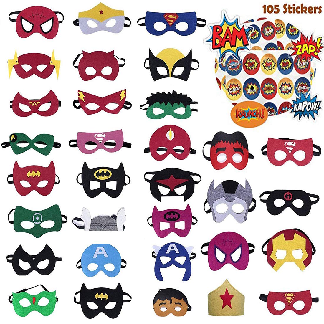 Superhero Masks Party Favors for Kid (32 Packs) Felt and Elastic - Superheroes Birthday Party Masks with 32 Different Types Perfect for Children