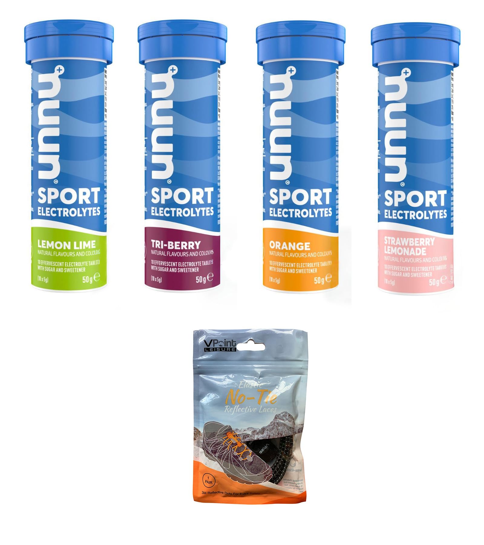 NUUN Sport Electrolytes Hydration Tablets - 4 Tubes of Electrolyte Tabs (40 Total Tablets) Bundled with A Pack of Elastic No-tie Reflective Shoe Laces (Mixed Variety)