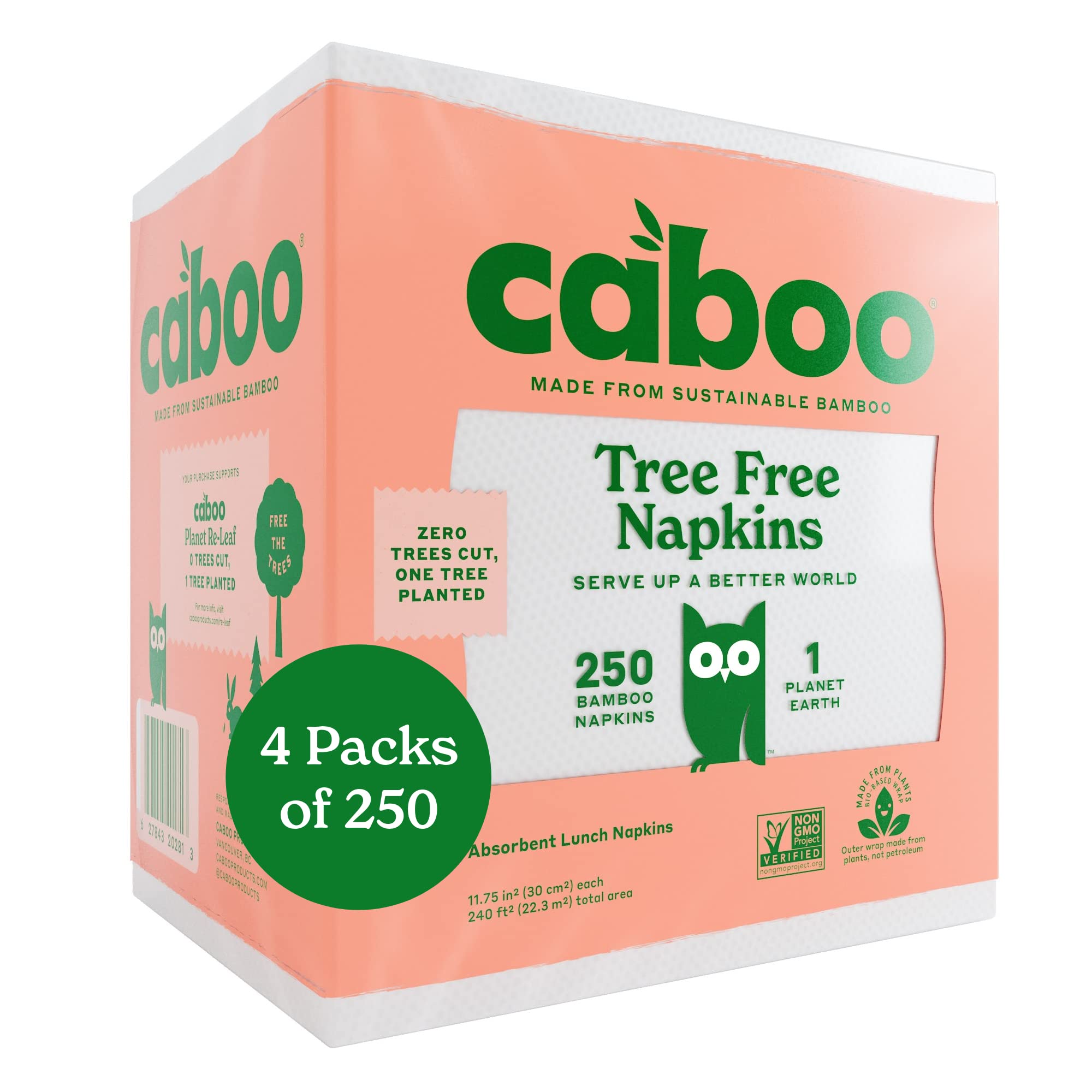 CabooTree Free Napkins, 4 Packs of 250, 1000 Total Napkins, Sustainable & Disposable Kitchen Napkins