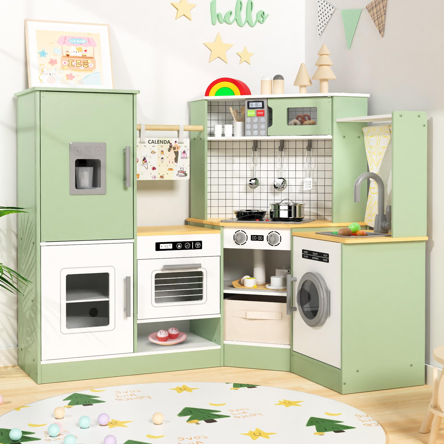 Corner Wooden Play Kitchen Set for Kids w/Lights & Sounds, Pretend Play Kitchen Playset with Stove, Microwave, Ice Maker & Accessories, Perfect for Toddlers & Multiple Children (Green)