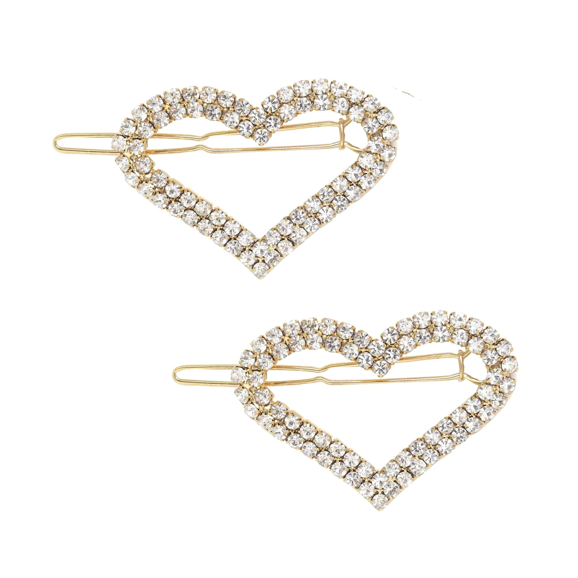 Ettika Gold Tone Plated Barrette for Women | Hair Accessory | Aphrodite Heart Crystal Barrette Set of 2 in Clear and Gold Tone