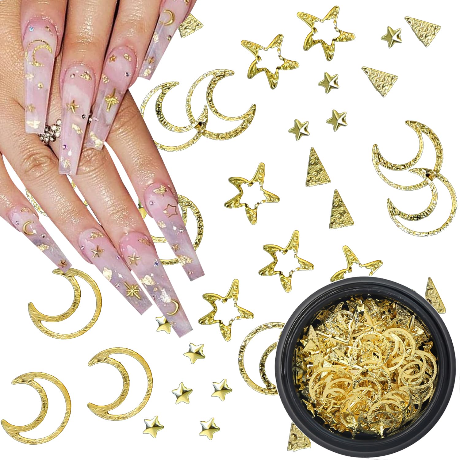 1 Box Gold Star Moon Nail Charms Nails Art Studs 3D Metallic Star Moon Nail Charms Studs Nails Rhinestones Star Nail Jewelry Decorations Manicure Kit Nails Art Supplies Accessories for Women Acrylic