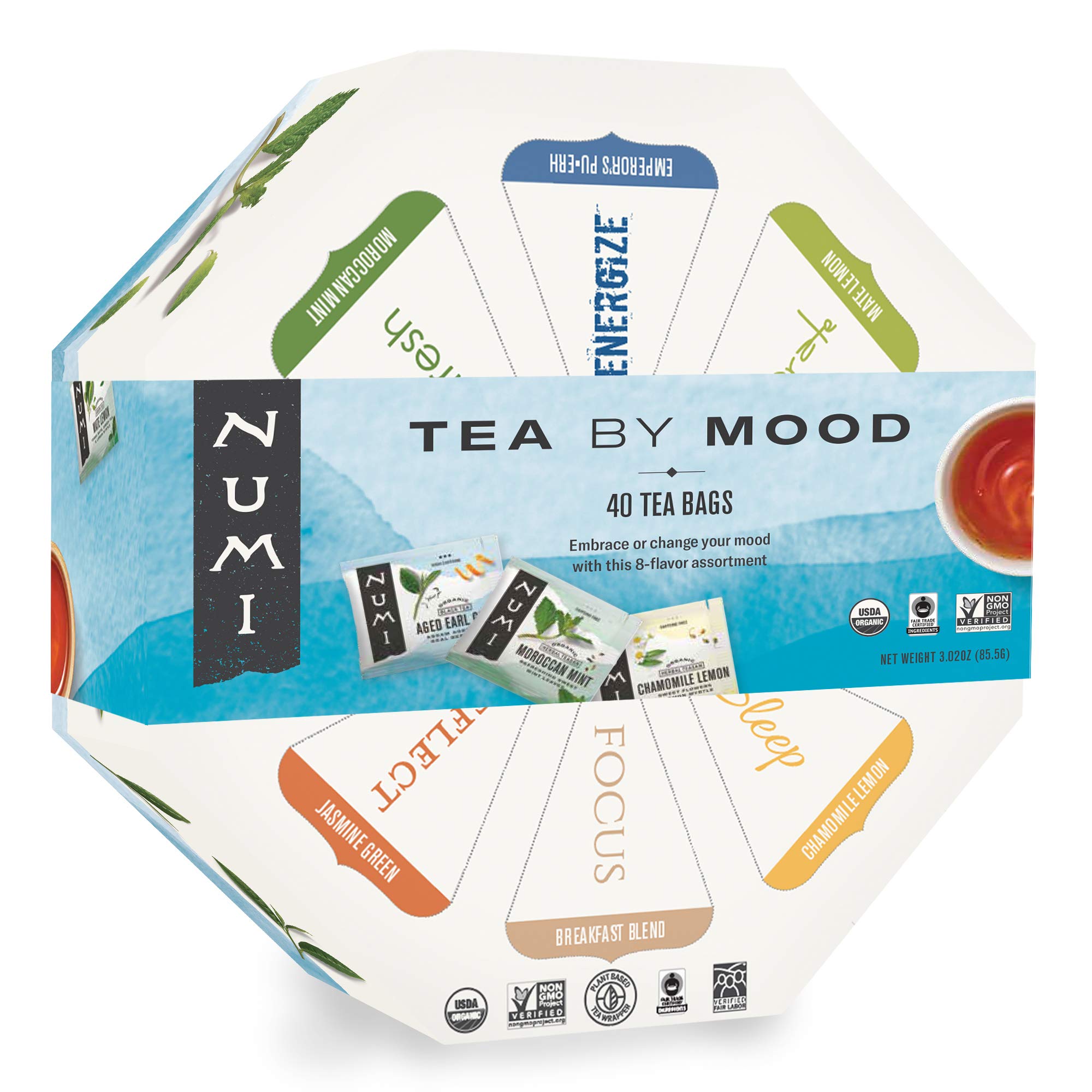 NumiOrganic Tea By Mood Gift Set, Tea Gift Box, 40 bags, Assortment of Premium Organic Black, Pu-erh, Green, Mate, Rooibos, Herbal Tea Variety Pack, Non-GMO Biodegradable Tea Bag (Packaging May Vary)