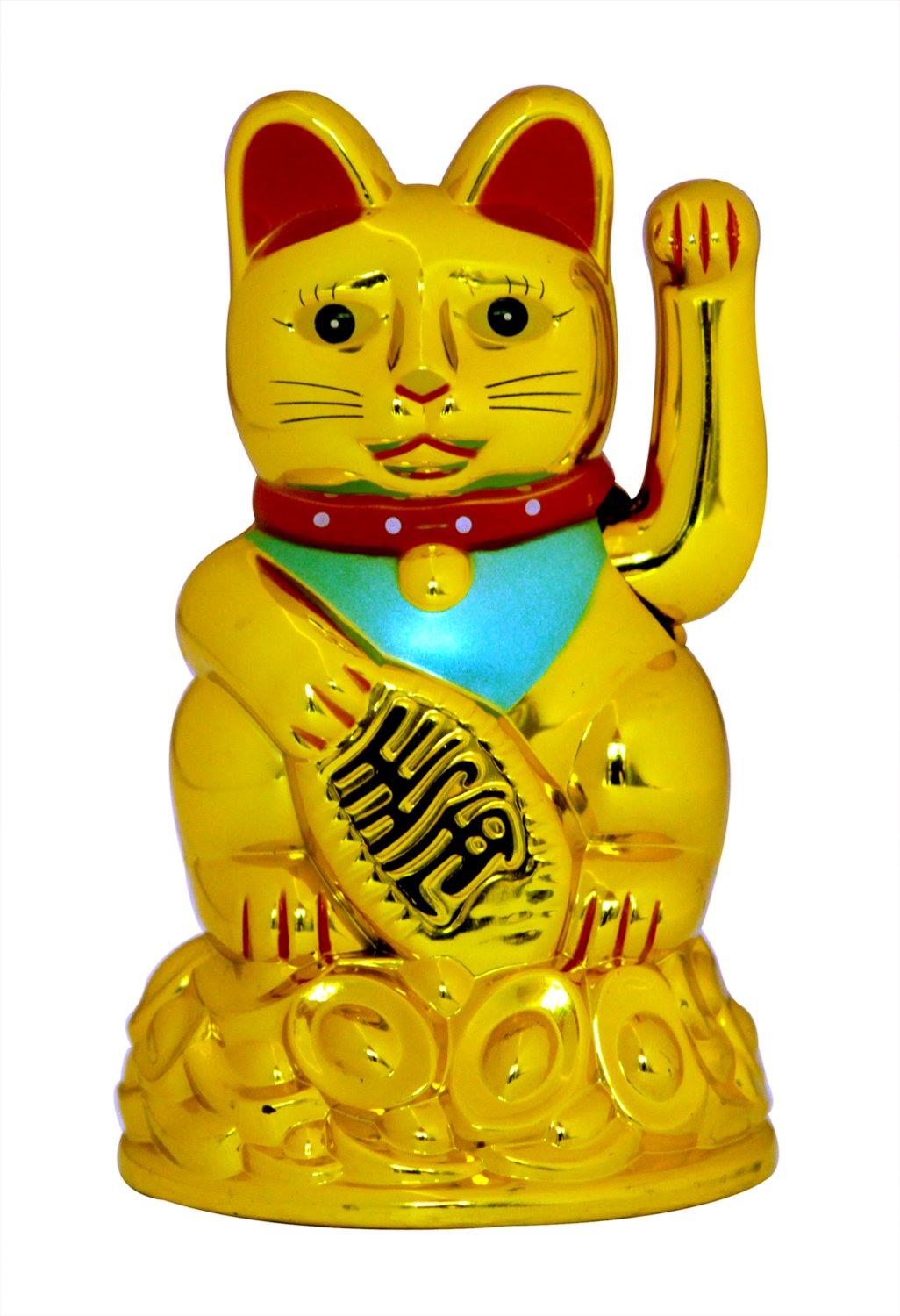 Vastu Art Vastu Fengshui Plastic Cat Sitting On Money Ingots Welcome Cat On Money Ingot Golden Hand Waving Cat Maneki Neko Cat for Good Luck Health Wealth Prosperity & Happiness, Showpiece