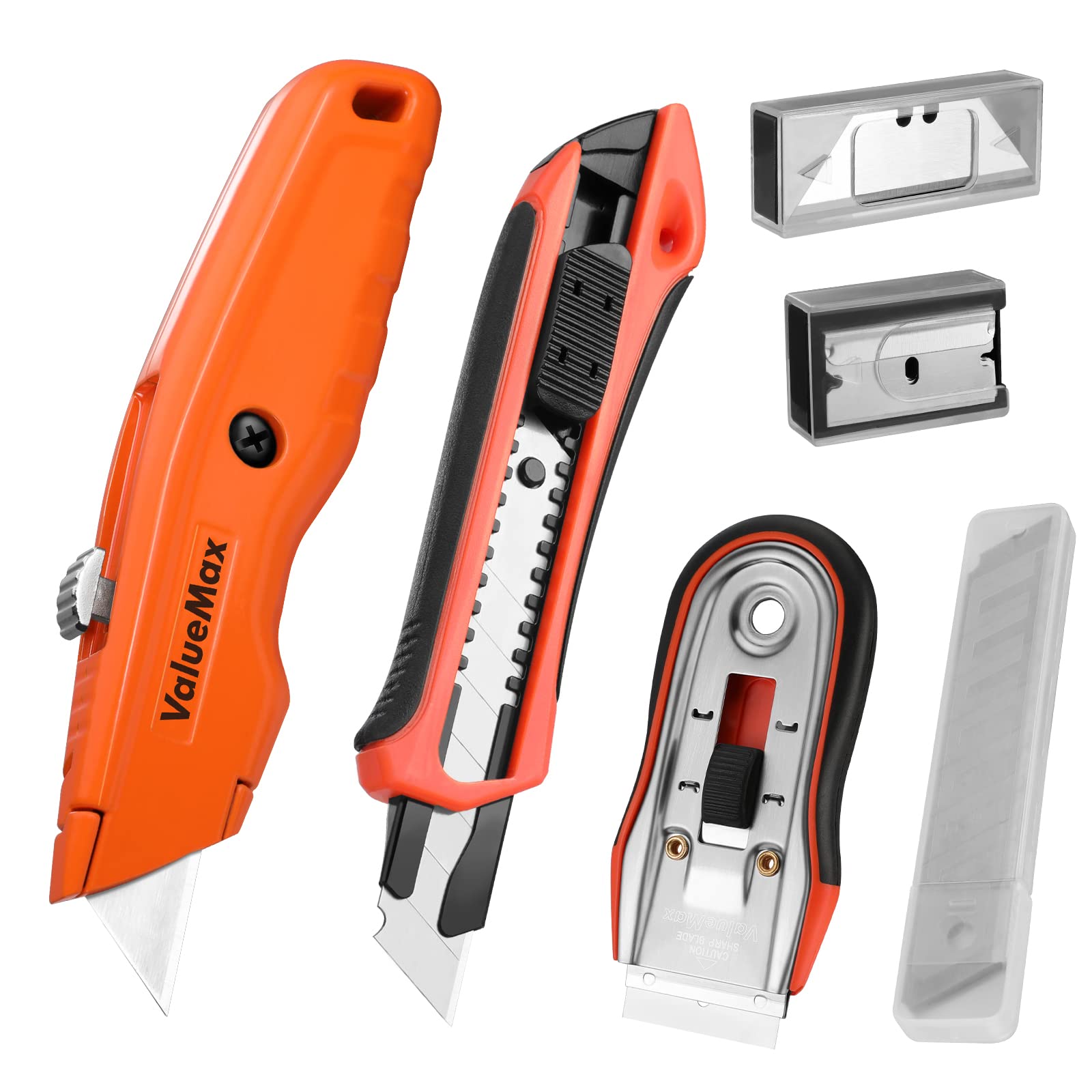 VALUEMAX Utility Knives Set, Box Cutter Retractable, 18mm Snap-off Knife, Razor Blade Scraper, 3-piece Complete Work Knife Set with 28-piece Blades