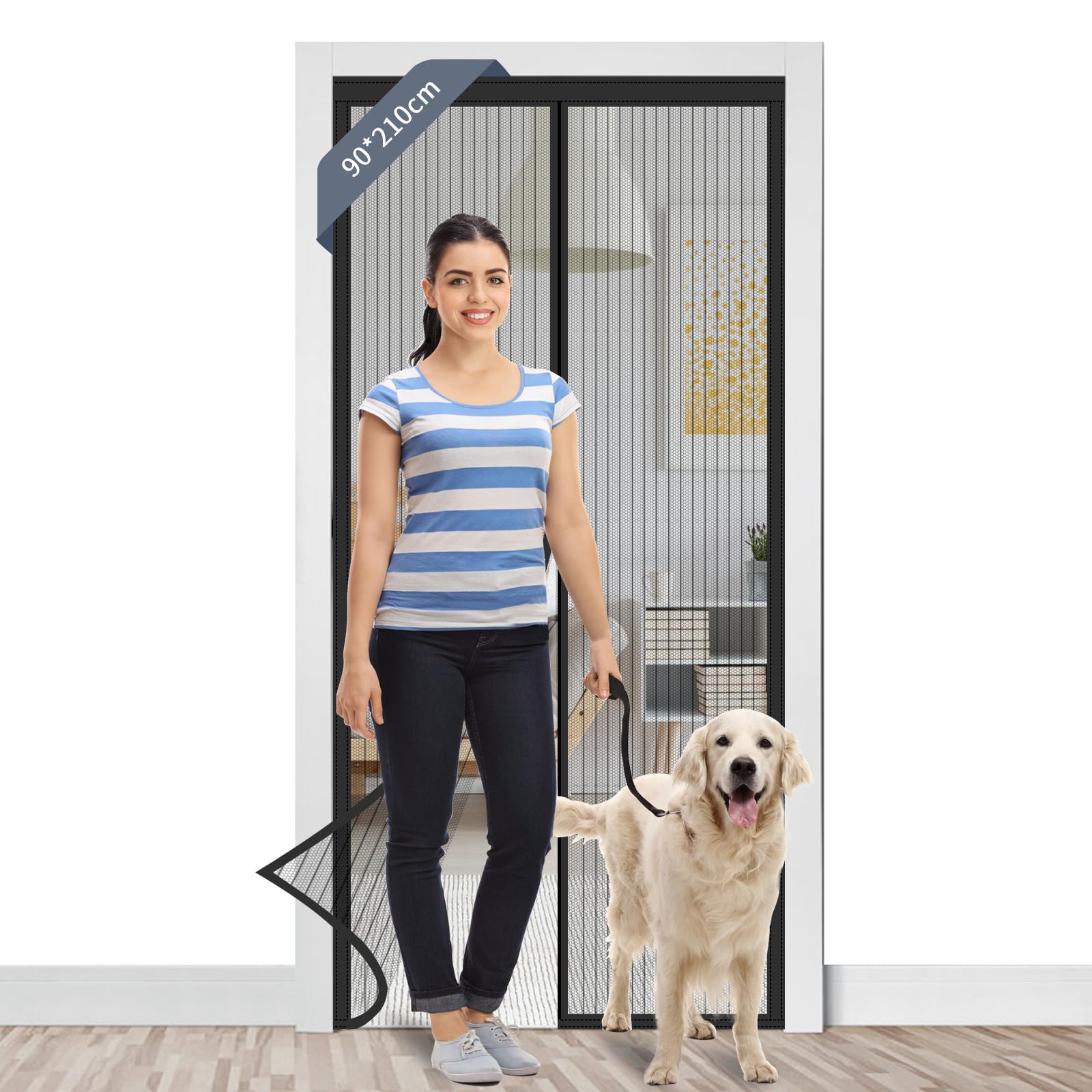 JelKen Fly Screen Door 90x210cm, Heavy Duty Magnetic Screen Curtain Patio Insect Mesh - Durable, Full Frame Magic Tape, Keeps Bugs Out Lets Fresh Air in - Black