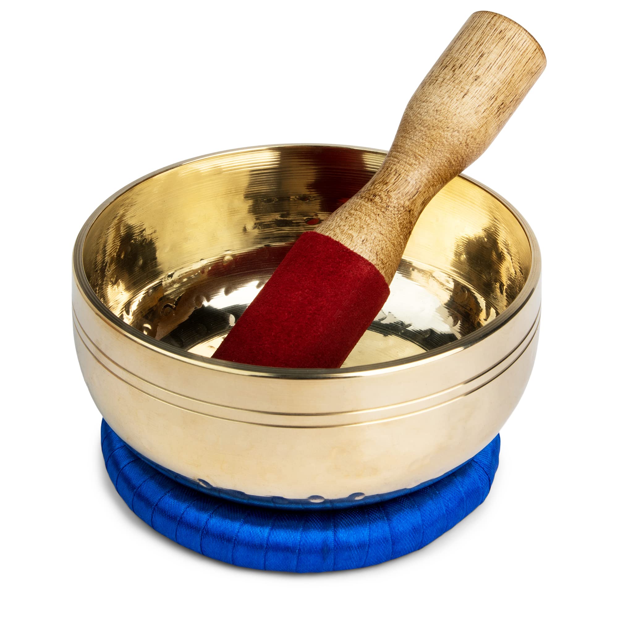 Brass Polished Singing Bowl with Blue Donut Cushion with Red Suede Mallet