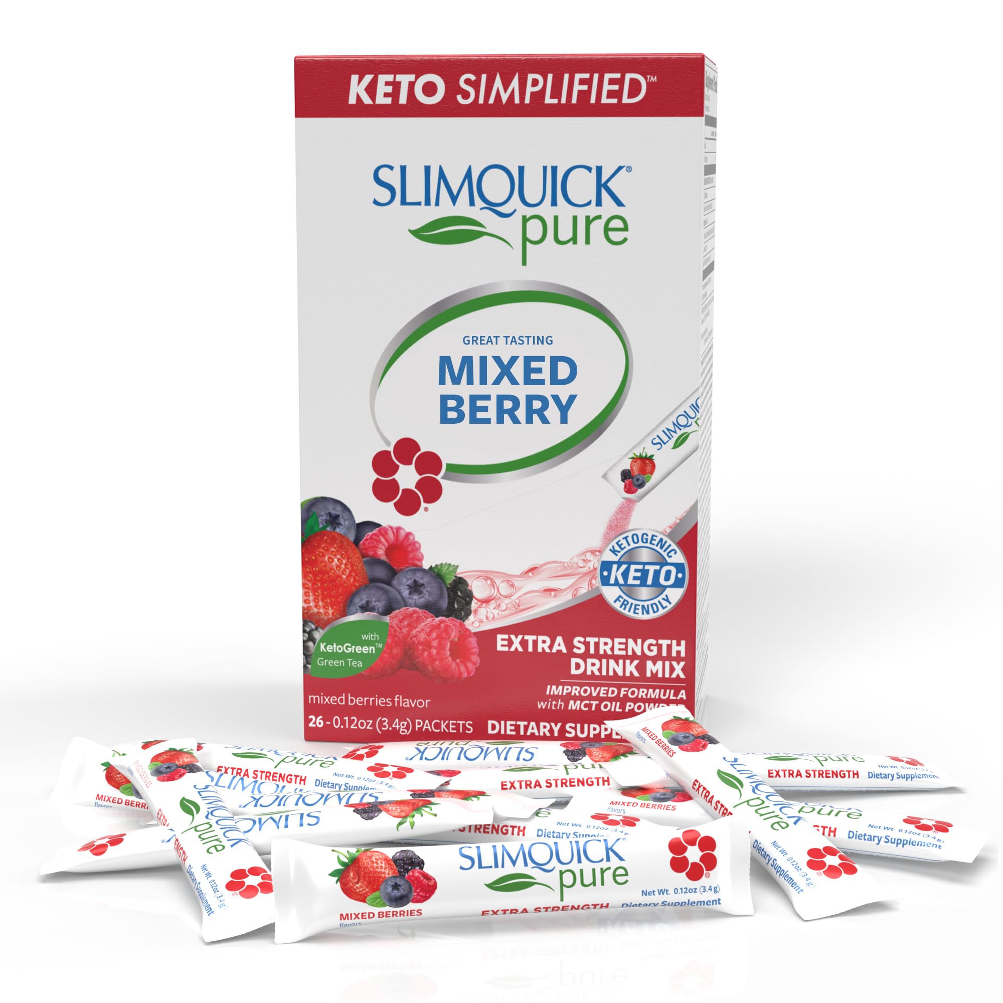 Slimquick Pure 3x Extra Strength Mixed Berry Drink Mix for Women to Help Achieve Weight Goals, Helps Metabolism, Keeps Full for Longer with Green Tea, Caffeine, Chaste Tree, Rhodiola Extract, 26 Count