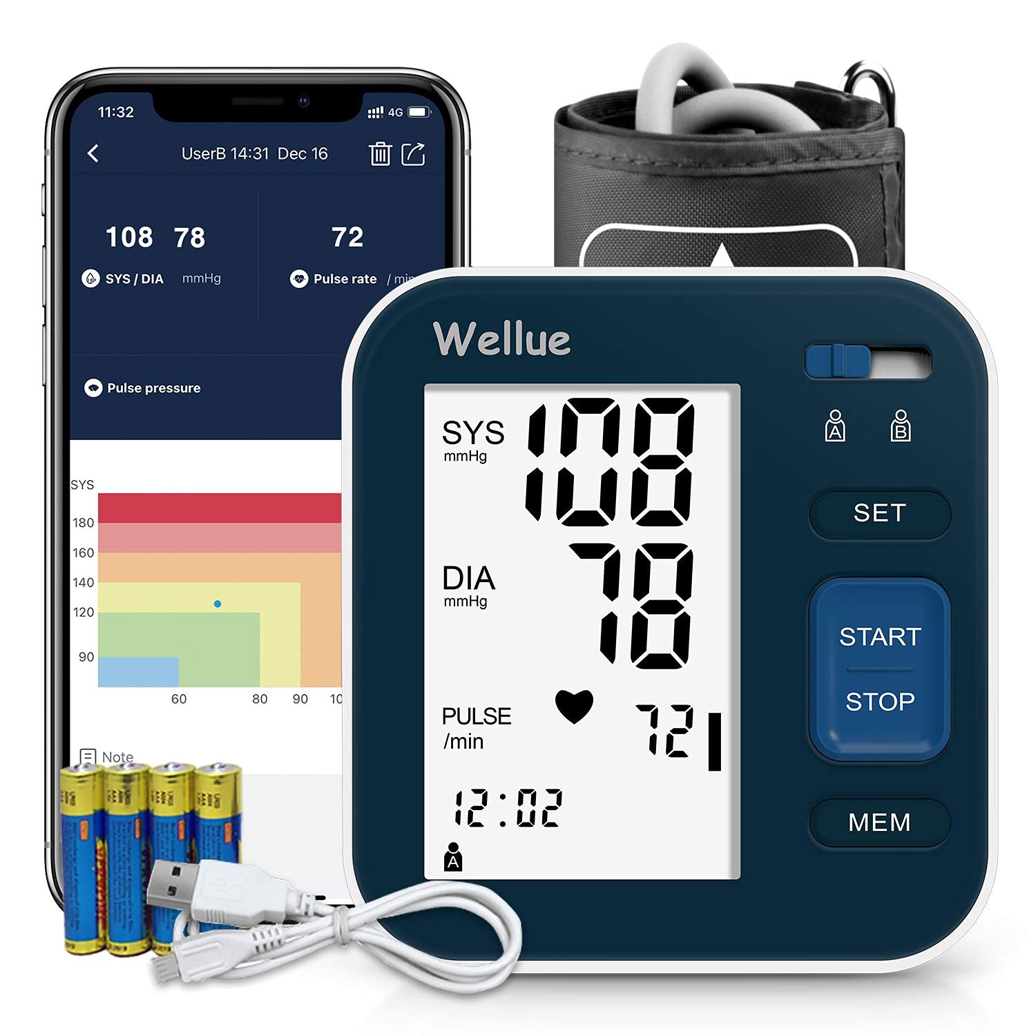 Bluetooth Blood Pressure Monitor Upper Arm with Smart App, ViATOM Digital Automatic BP Monitor with Large Cuff 9-16in, 2 * 120 Memory, Arrhythmia Checking, Large Backlit Screen, 2 Power Supply Modes