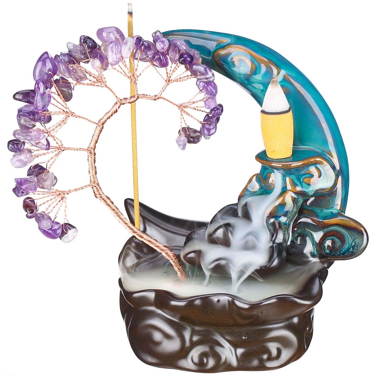 Moon Backflow Incense Burner Ceramic Incense Waterfall Money Tree Incense Holders Amethyst Crystal Tree Incense Holder Namaste Yoga Meditation and Home Decor